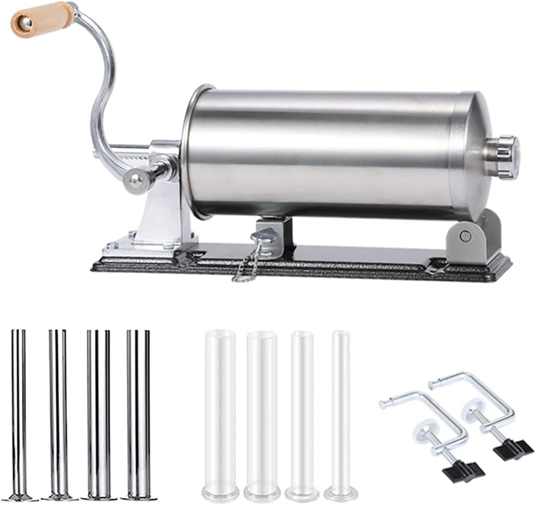 Stainless Steel Manual Sausage Stuffer – Horizontal Meat Filler Machine for Homemade Sausages with 8 Stuffing Tubes