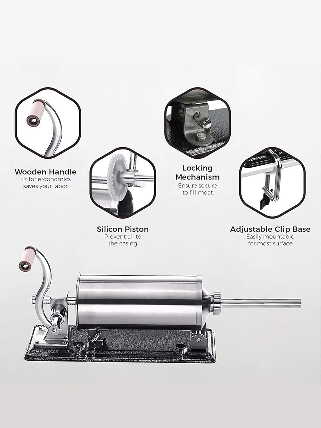 Stainless Steel Manual Sausage Stuffer – Horizontal Meat Filler Machine for Homemade Sausages with 8 Stuffing Tubes