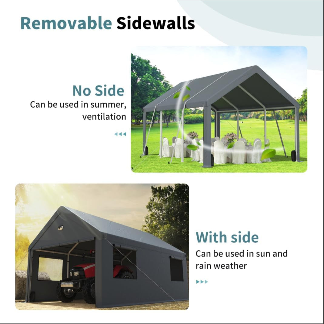 20x20 Heavy Duty Carport with Removable Sidewalls – All-Weather Portable Garage Shelter, Outdoor Car Canopy Tent, UV & Water-Resistant, Gray