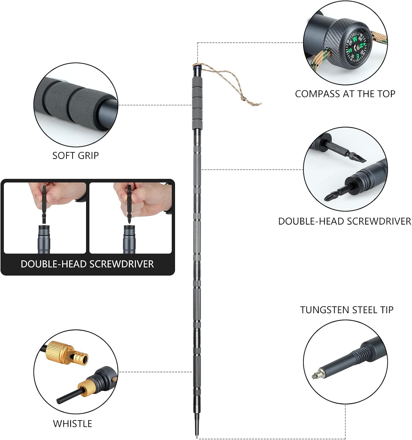 Lightweight Tactical Hiking Pole – Adjustable & Detachable Walking Stick for Men & Women – Collapsible Trekking Pole for Camping, Backpacking, or Outdoor Survival