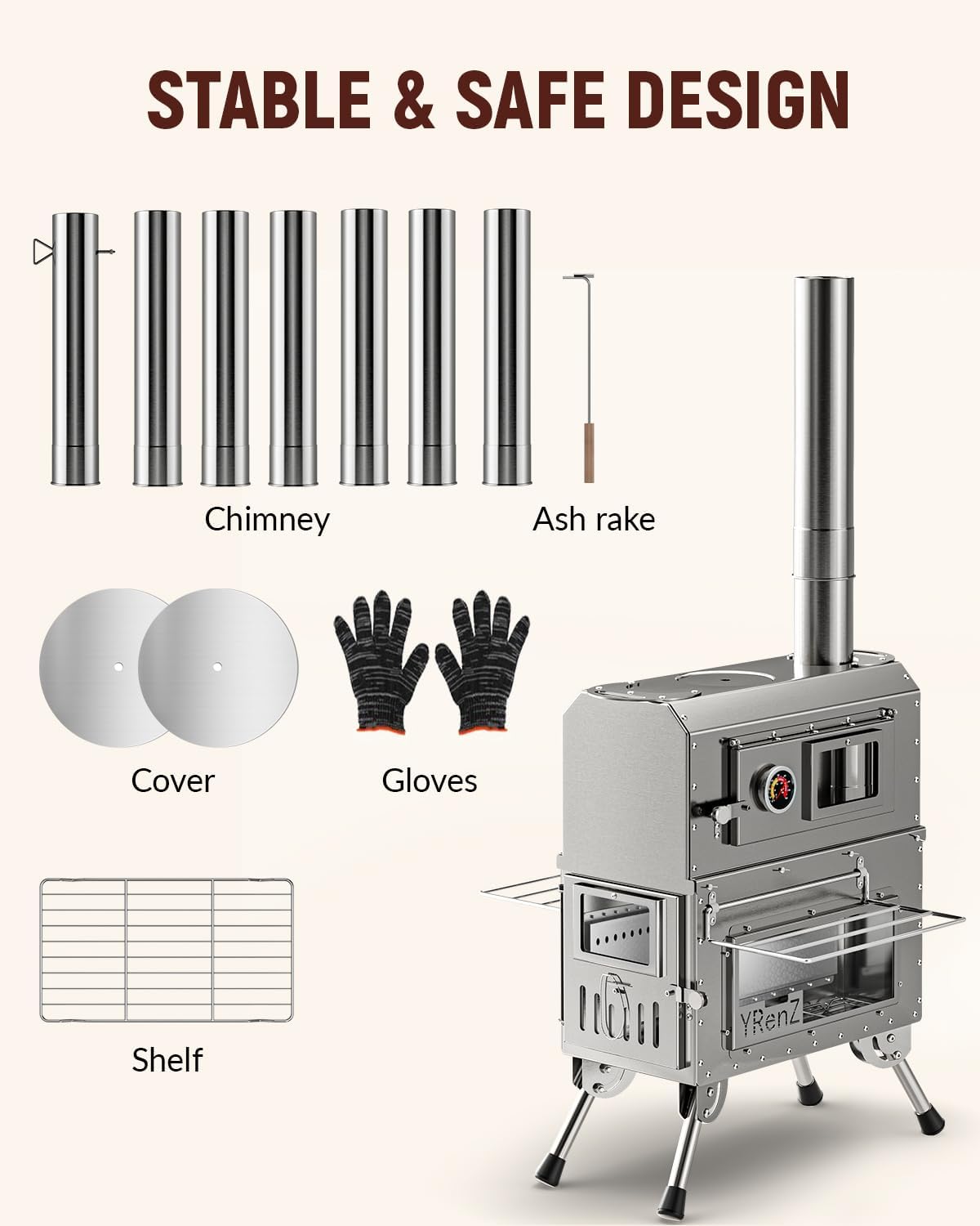 2-in-1 Tent Wood Stove with Built-In Oven – Stainless Steel High-Temperature Camping Stove with Glass Door, Anti-Slip Feet & Full Accessories | Outdoor Cooking Heater for Tents & Camping