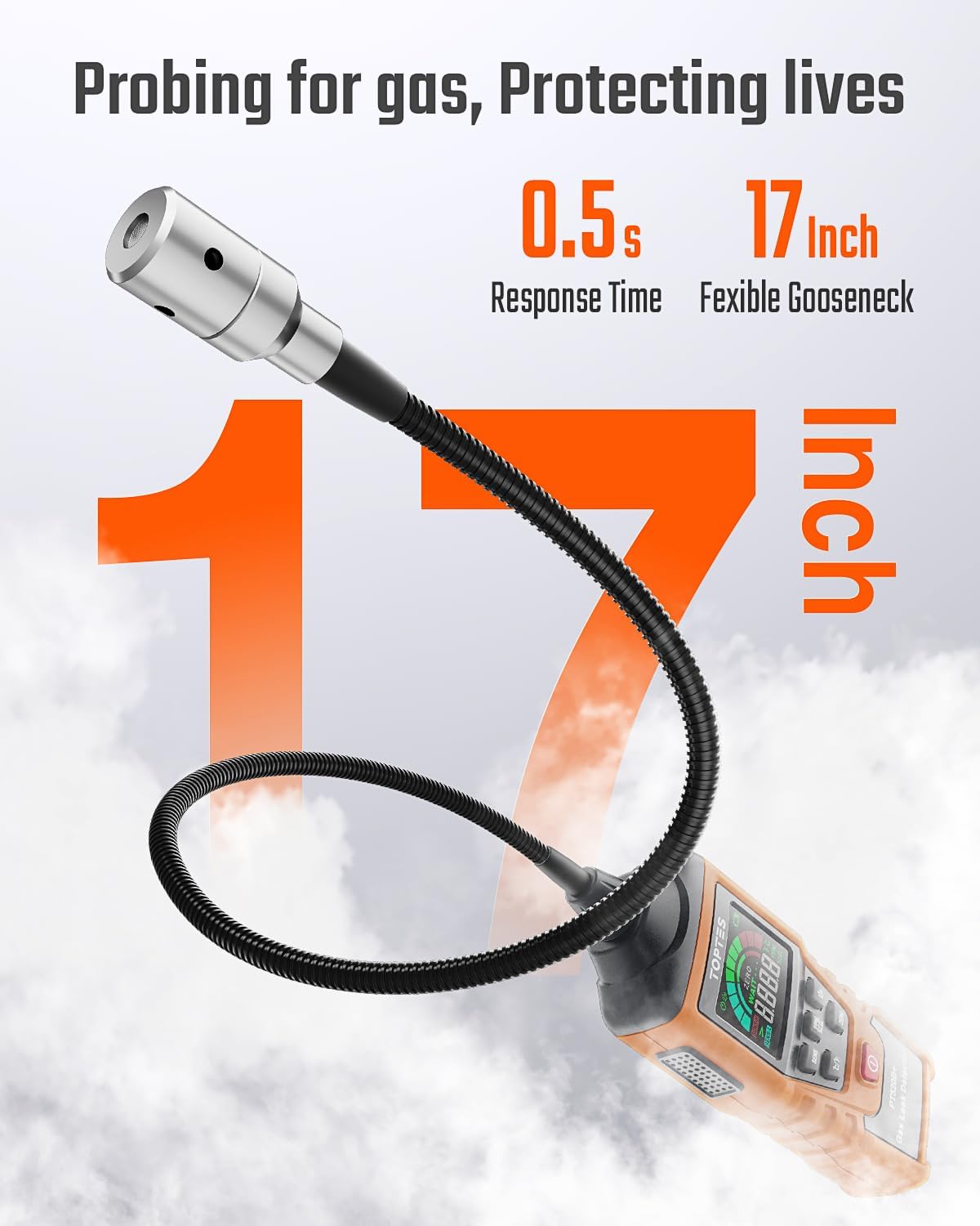 Rechargeable Natural Gas Leak Detector with 17" Flexible Probe – PT520B+ Propane, Methane, LPG, and Combustible Gas Sniffer for Home, RV, Industrial Use – PPM & %LEL Measurement