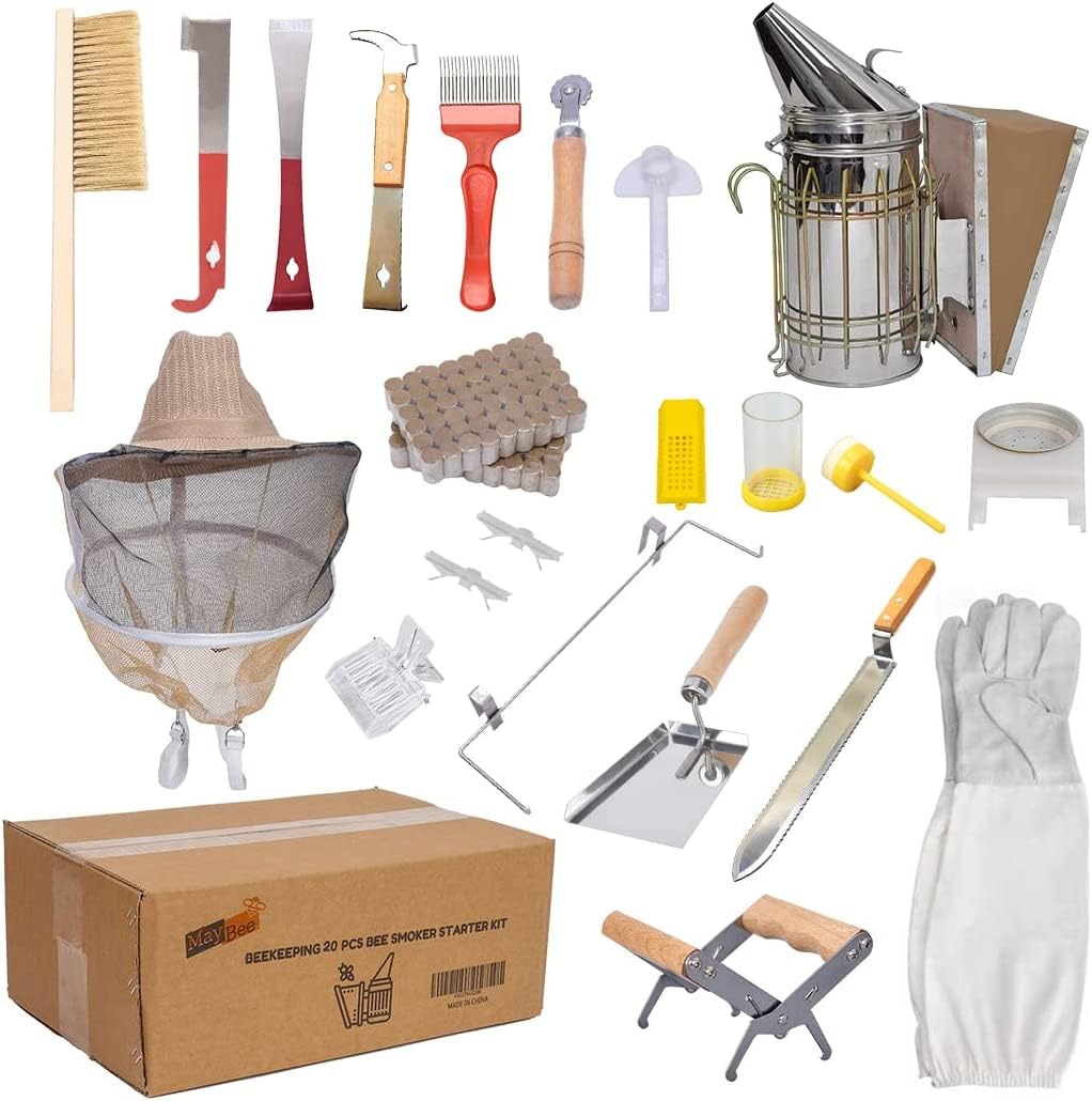 10-Frame Beehive Starter Kit with Wax-Coated Bee Boxes, Frames & Beekeeping Tools – Complete Beekeeping Supplies Kit with Veil, Smoker, and Hive Tool for Beginners