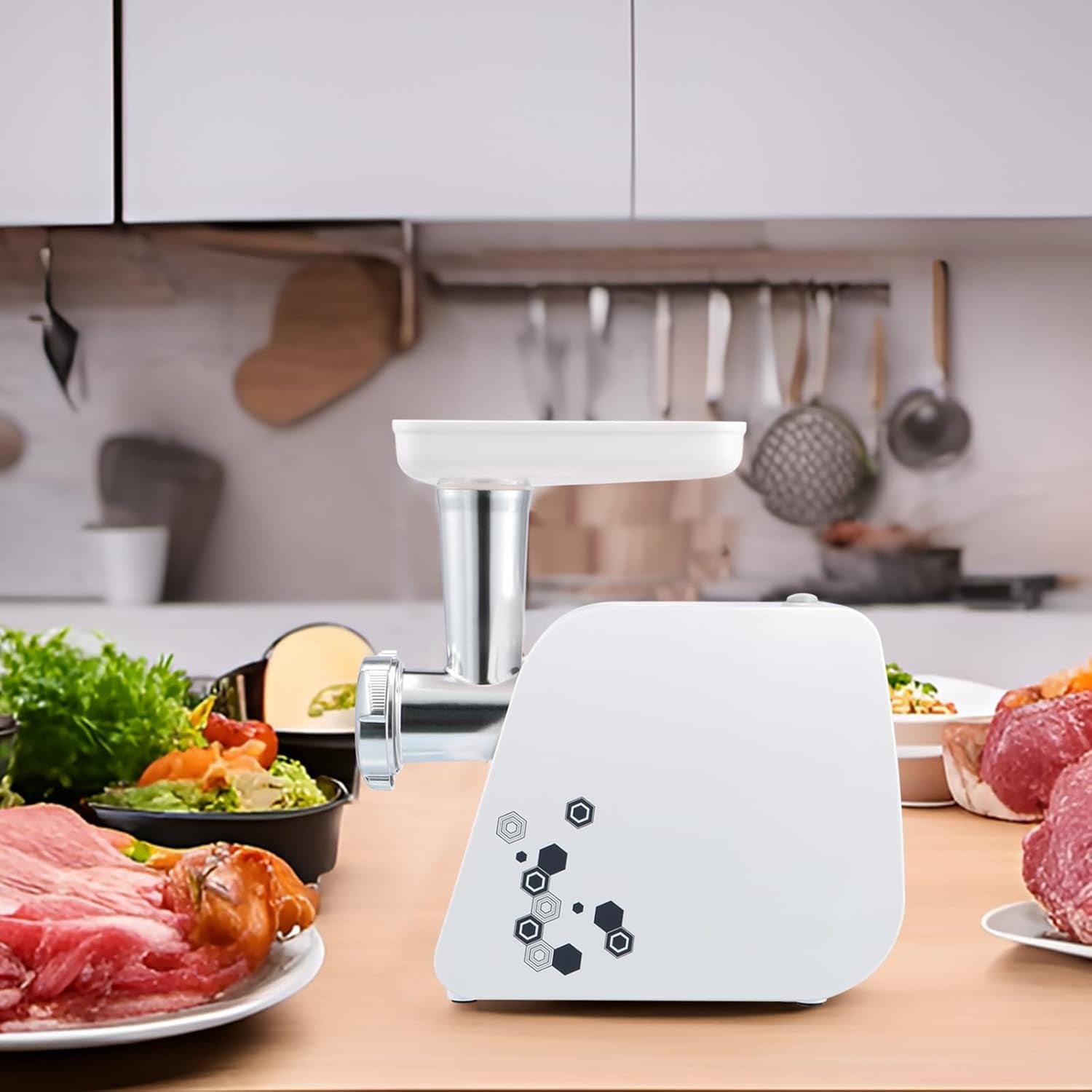 Powerful 1HP Electric Meat Grinder & Sausage Maker – 1000W Max, Stainless Steel Blades, 3 Grinding Plates & Large Sausage Stuffer, White
