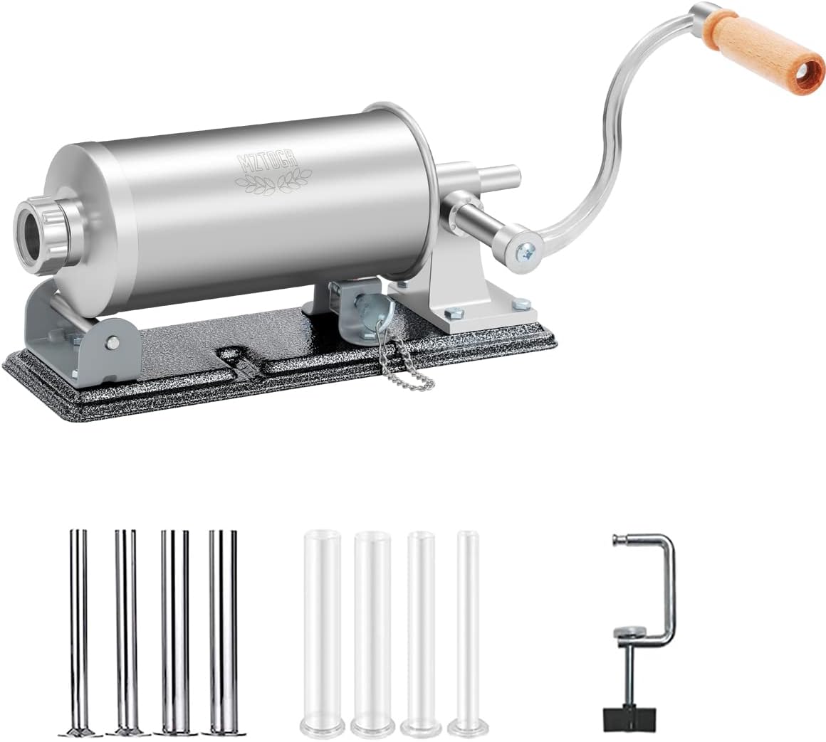 Stainless Steel Manual Sausage Stuffer – Horizontal Meat Filler Machine for Homemade Sausages with 8 Stuffing Tubes