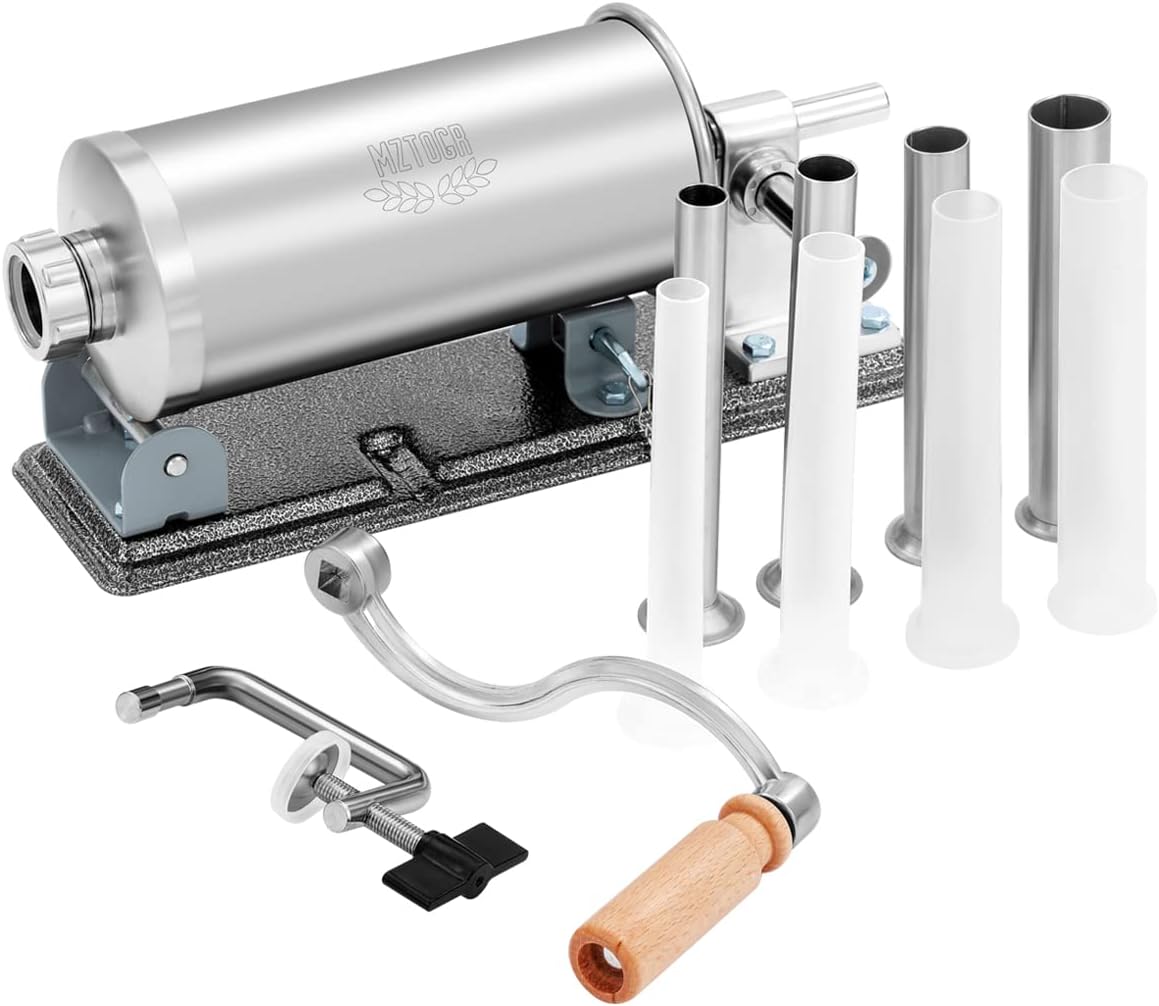 Stainless Steel Manual Sausage Stuffer – Horizontal Meat Filler Machine for Homemade Sausages with 8 Stuffing Tubes