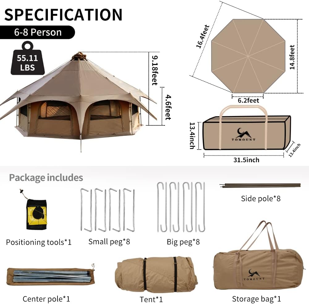 Canvas Tent Bell Tent 16.4ft High 9.2ft with Stove Jack for Glamping Family Camping Zipped Removable Floor
