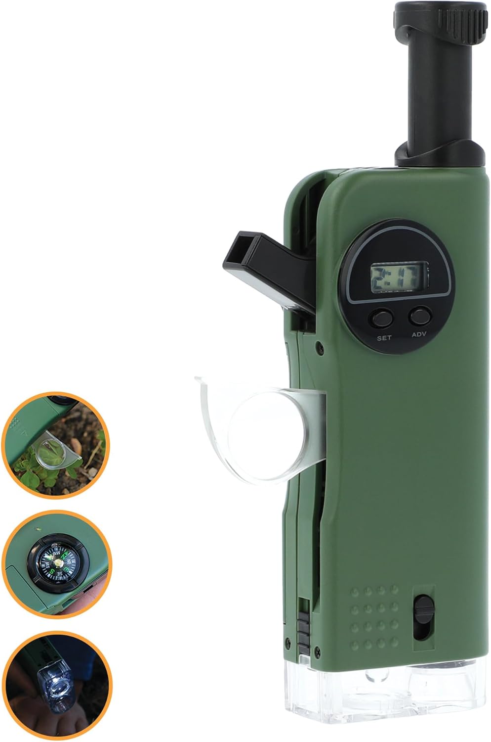 Kids 7-in-1 Multi-Purpose Optical Pocket Tool – 30x Microscope, 8x Telescope, 9x Magnifier, Flashlight, Signal Whistle, Compass & Digital Clock