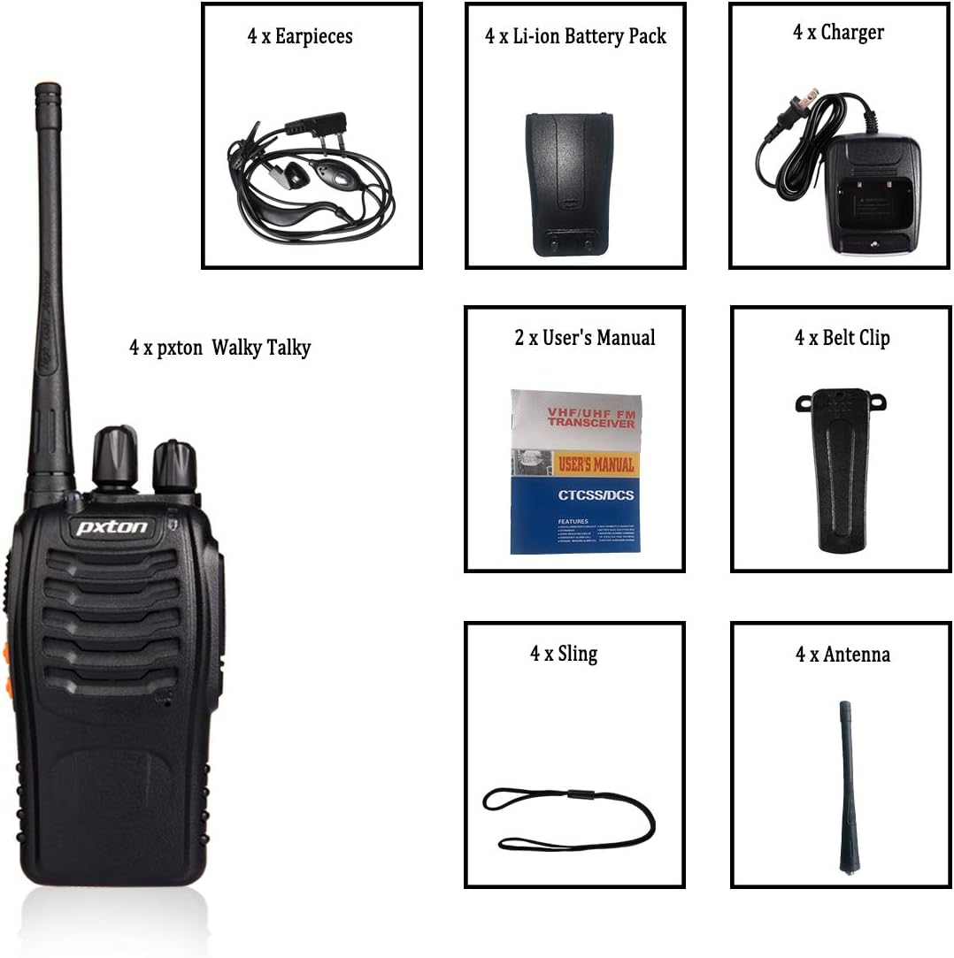 Long Range Walkie Talkies for Adults with Earpieces – 16 Channel Rechargeable Two-Way Radios, Handheld Walky Talkies with Flashlight, Li-ion Battery, and Charger (4 Pack)