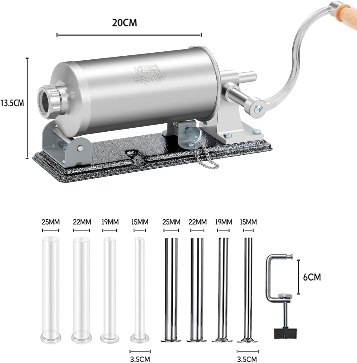 Stainless Steel Manual Sausage Stuffer – Horizontal Meat Filler Machine for Homemade Sausages with 8 Stuffing Tubes