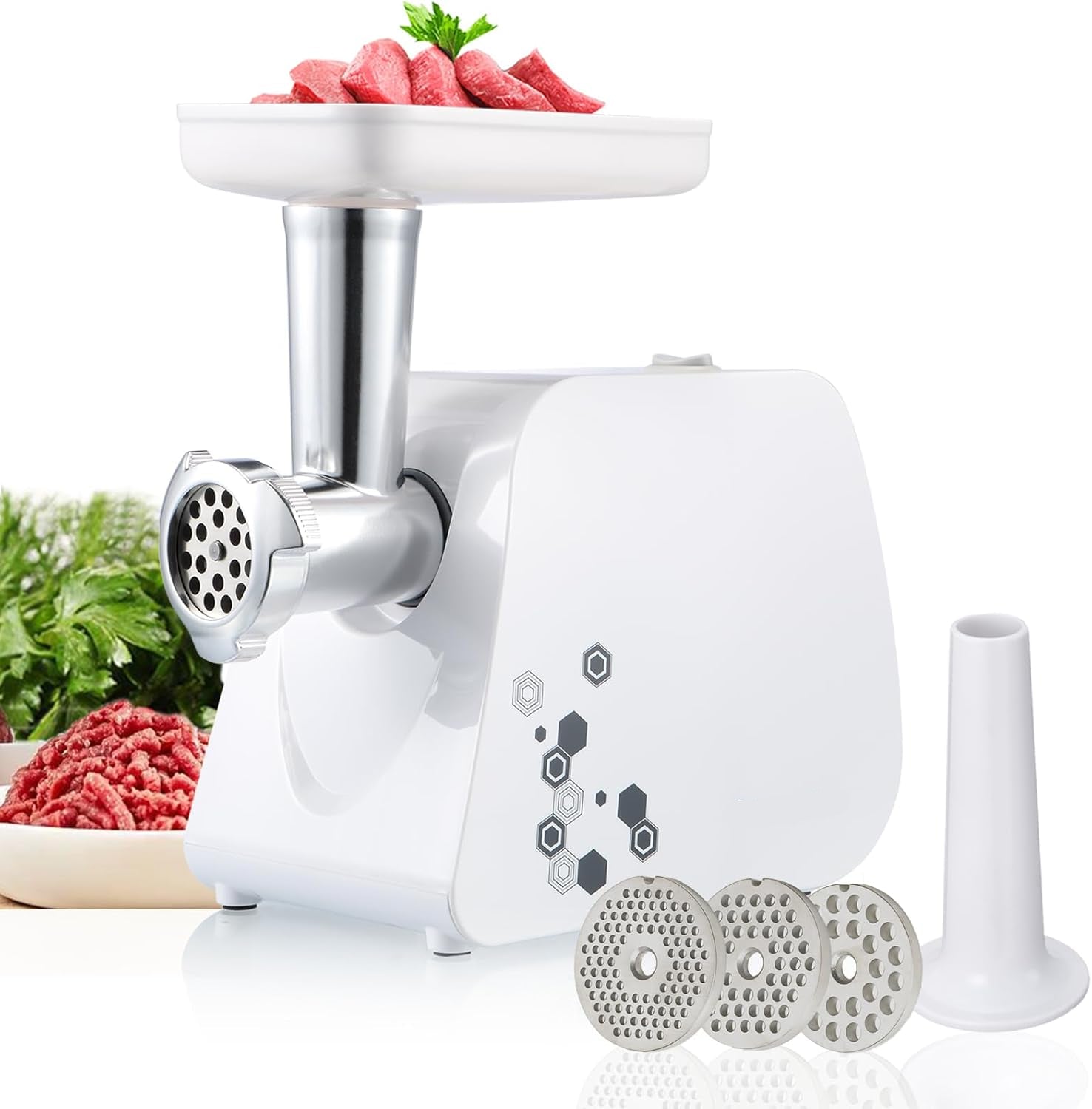Powerful 1HP Electric Meat Grinder & Sausage Maker – 1000W Max, Stainless Steel Blades, 3 Grinding Plates & Large Sausage Stuffer, White