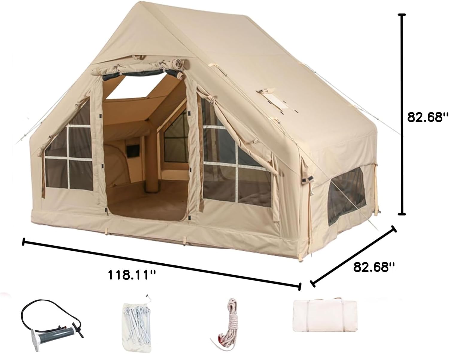 4-Season Inflatable Camping Tent with Hand Pump – Waterproof & Windproof Air Cabin Tent for Glamping, Easy Setup Blow-Up Oxford Tent with Mesh Windows & Chimney Port