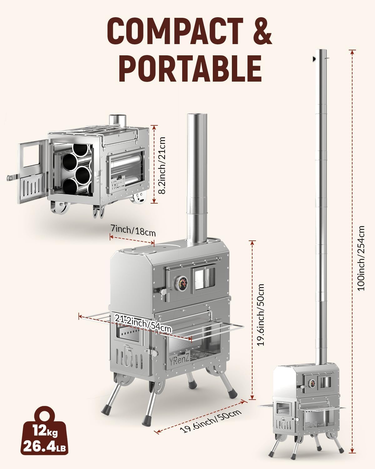 2-in-1 Tent Wood Stove with Built-In Oven – Stainless Steel High-Temperature Camping Stove with Glass Door, Anti-Slip Feet & Full Accessories | Outdoor Cooking Heater for Tents & Camping