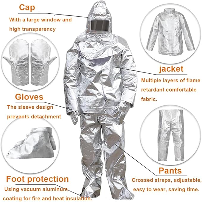 Fire Resistant Suit, Anti Thermal Radiation 1000-1200 ℃ Fireproof Coveralls Heat Resistant Aluminized Uniform