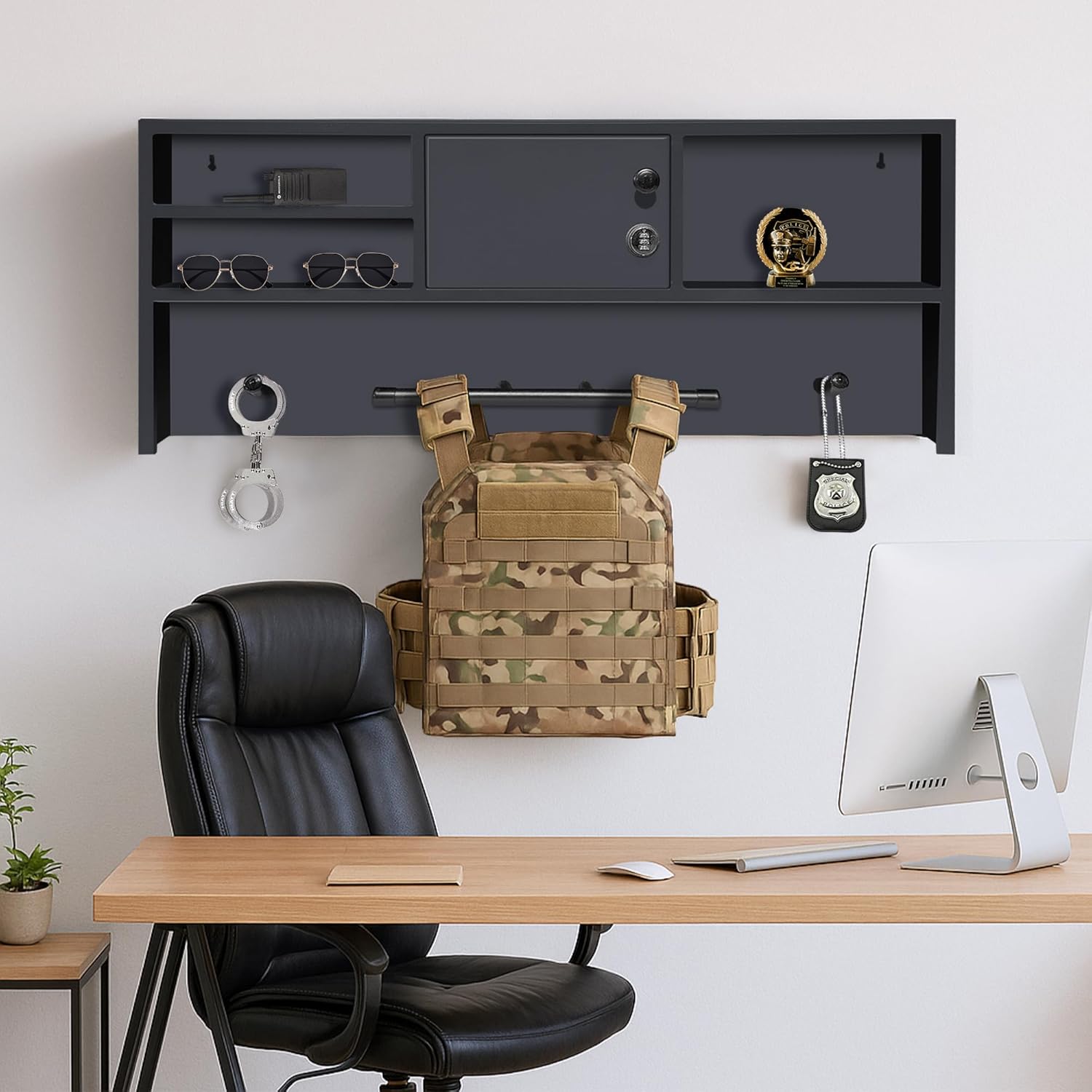 Wall Mounted Police Gear Rack with Lockbox Safe – Tactical Duty Gear Organizer Hanger for Vest, Belt, Firearm – Law Enforcement Wall Locker – Ideal Police Academy Graduation Gift