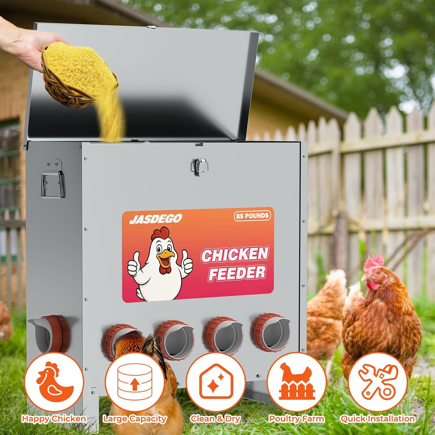 85 LB Weatherproof Metal Chicken Feeder – No Waste Poultry Feeder with 10 Feeding Ports, Auto Gravity Feed, Handle & Latch – Large Capacity Outdoor Feeder for Chickens, Hens, Bantams, Pheasants, Coop Use
