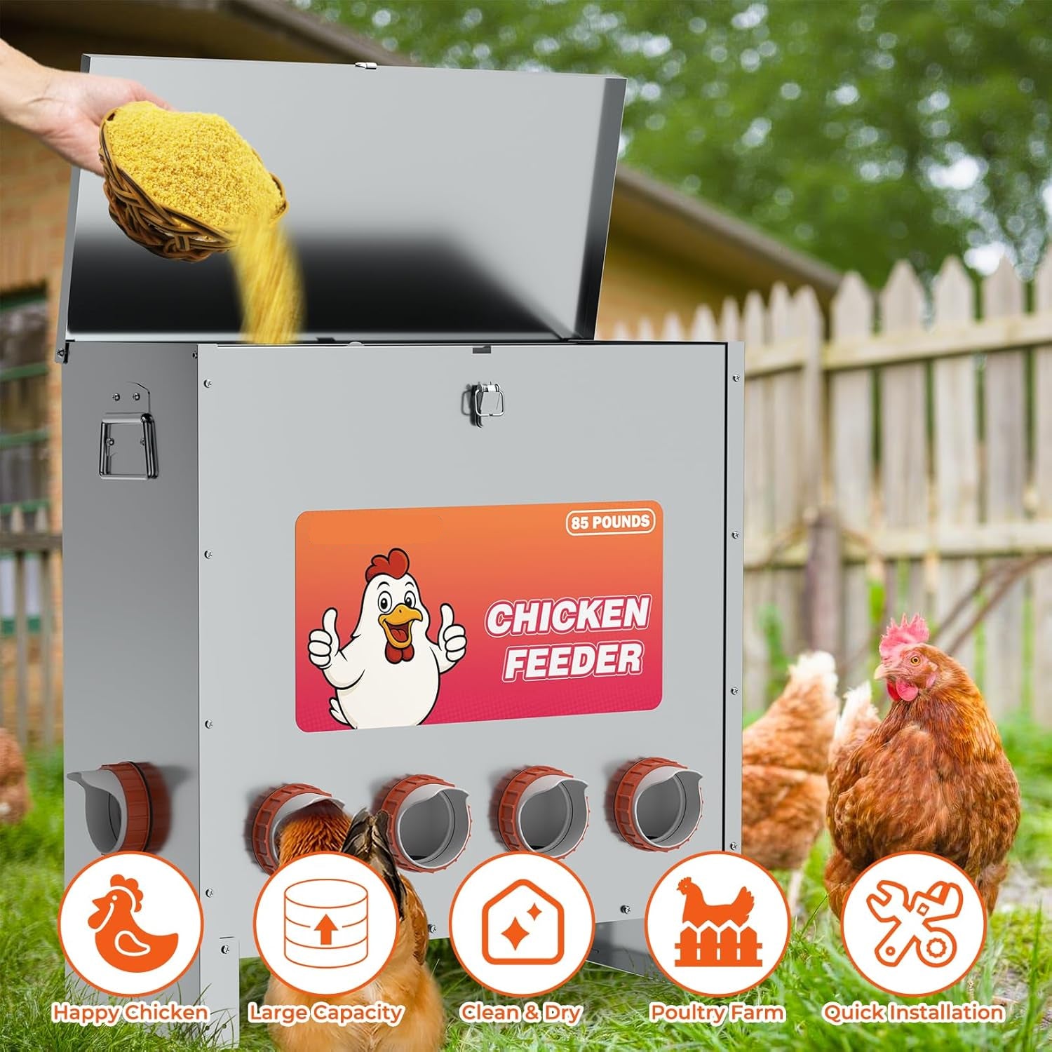 85 LB Weatherproof Metal Chicken Feeder – No Waste Poultry Feeder with 10 Feeding Ports, Auto Gravity Feed, Handle & Latch – Large Capacity Outdoor Feeder for Chickens, Hens, Bantams, Pheasants, Coop Use