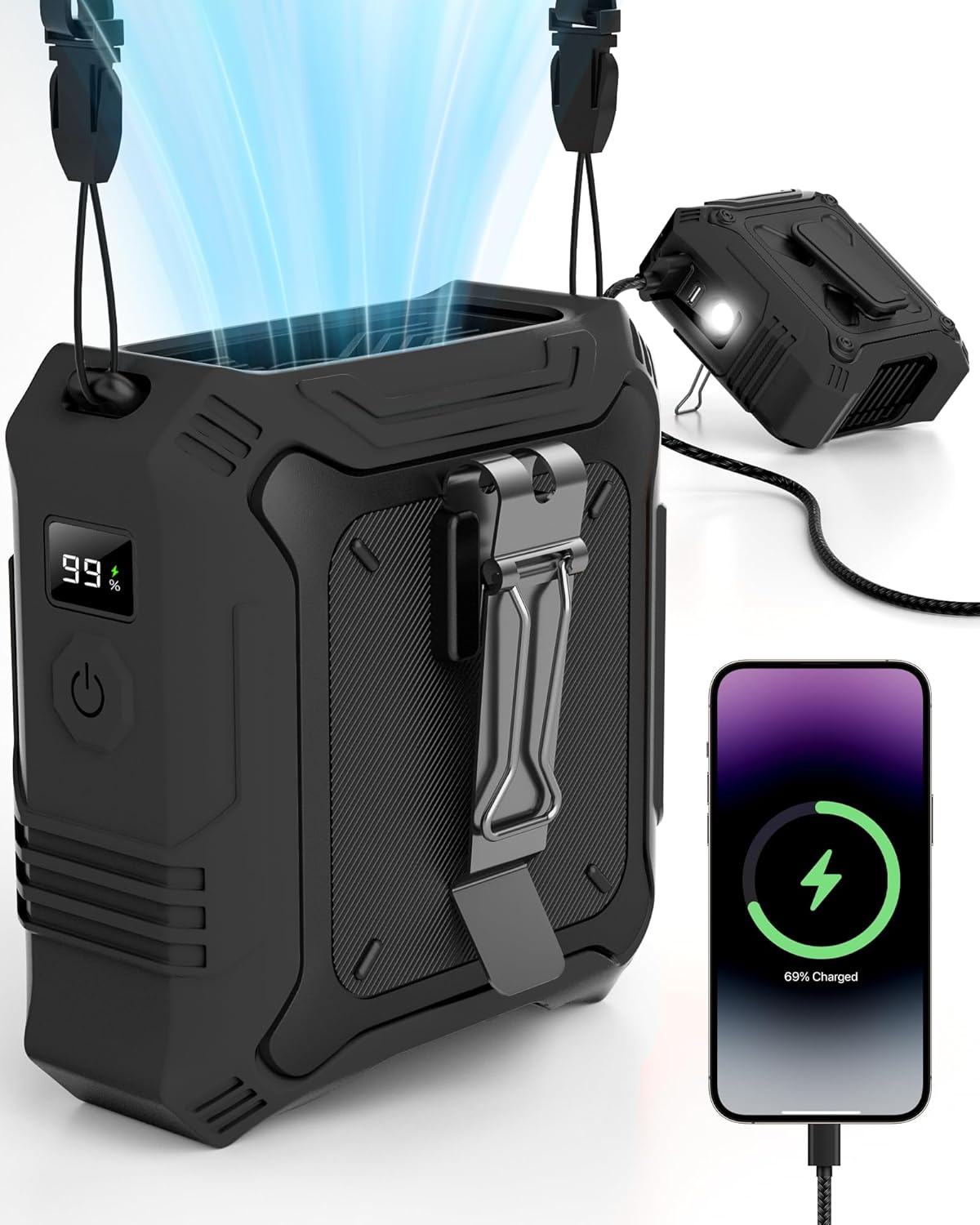 Portable Waist Clip Fan with 8000mAh Power Bank – Dual-Sided Wearable Personal Fan with 5-Speed Settings & Flashlight, USB Rechargeable Belt Fan for Outdoor Travel, Camping, Hiking & Work