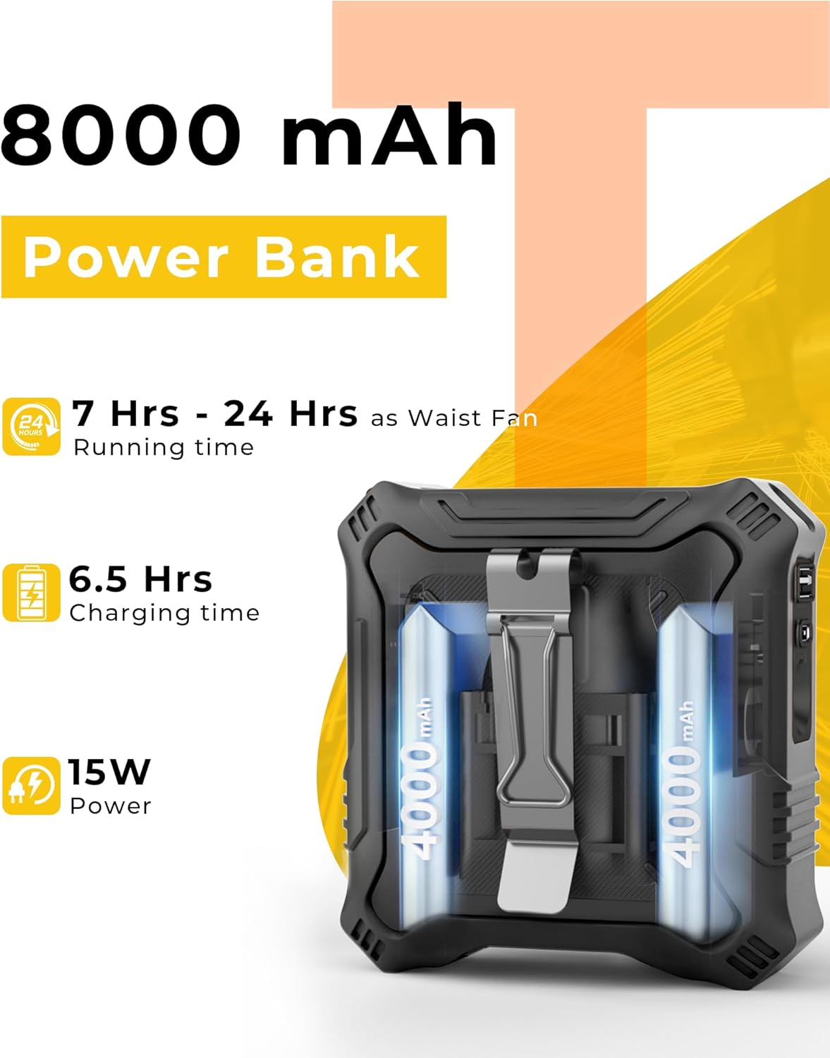 Portable Waist Clip Fan with 8000mAh Power Bank – Dual-Sided Wearable Personal Fan with 5-Speed Settings & Flashlight, USB Rechargeable Belt Fan for Outdoor Travel, Camping, Hiking & Work