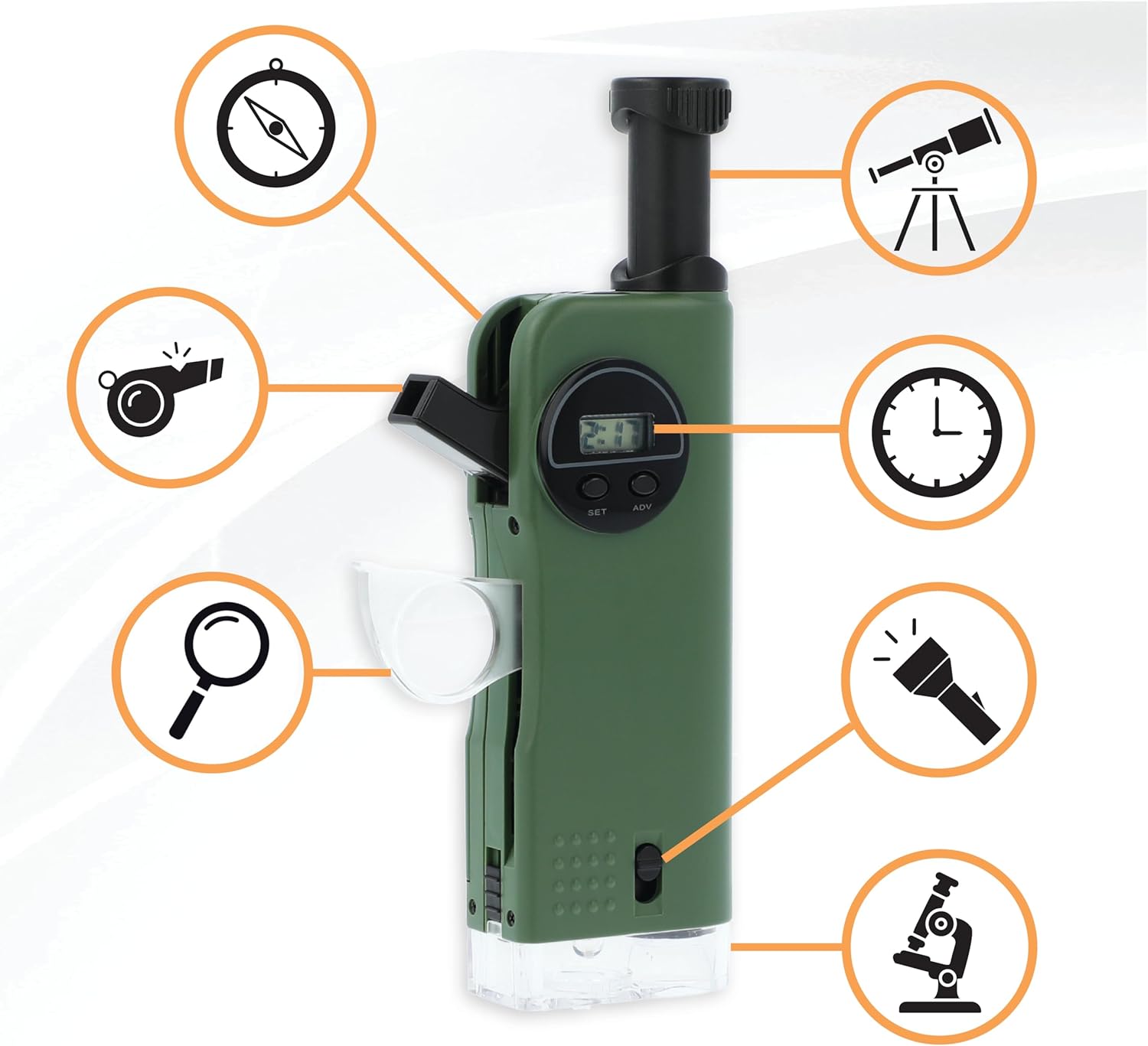 Kids 7-in-1 Multi-Purpose Optical Pocket Tool – 30x Microscope, 8x Telescope, 9x Magnifier, Flashlight, Signal Whistle, Compass & Digital Clock
