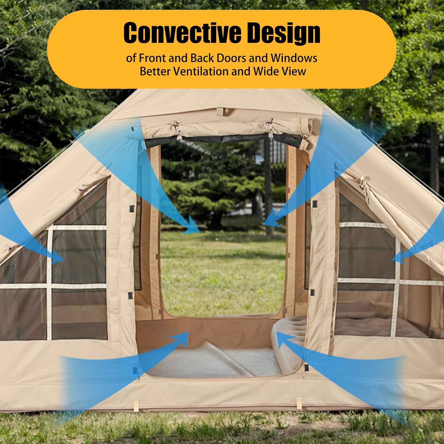 4-Season Inflatable Camping Tent with Hand Pump – Waterproof & Windproof Air Cabin Tent for Glamping, Easy Setup Blow-Up Oxford Tent with Mesh Windows & Chimney Port