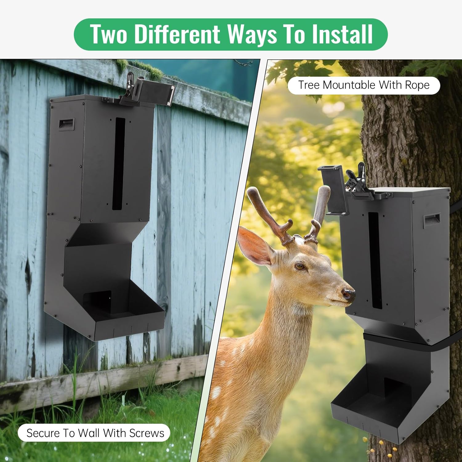 Automatic Metal Deer Feeder – 60 lb / 11-Gallon Gravity Wildlife Feeder for Corn & Protein | Hanging or Wall-Mount Feeder for Hunting Land, Farm & Field