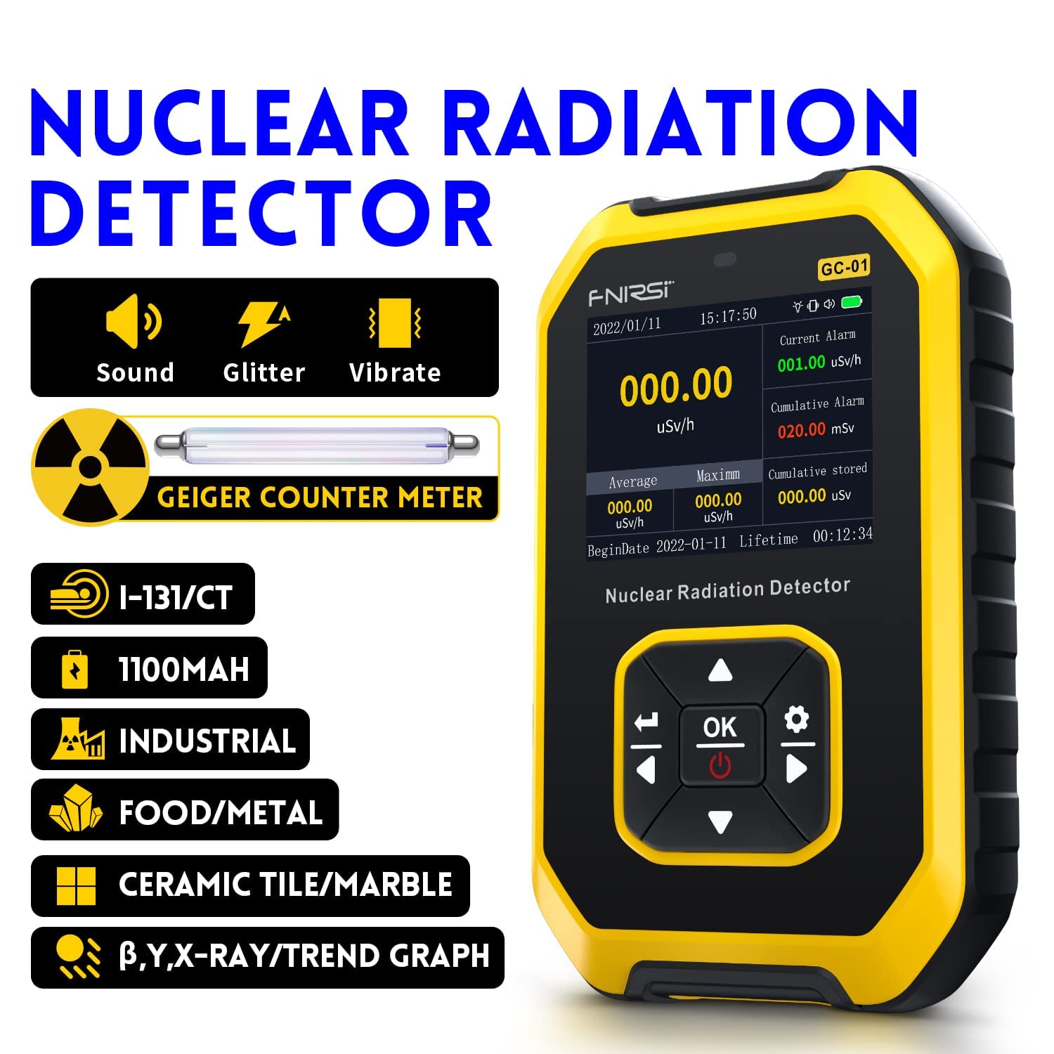Rechargeable Geiger Counter Radiation Detector – Handheld Nuclear Dosimeter for Beta, Gamma, X-Ray | LCD Display, 5 Unit Switch | Portable Radiation Monitor for Home, Lab, Survival, Travel