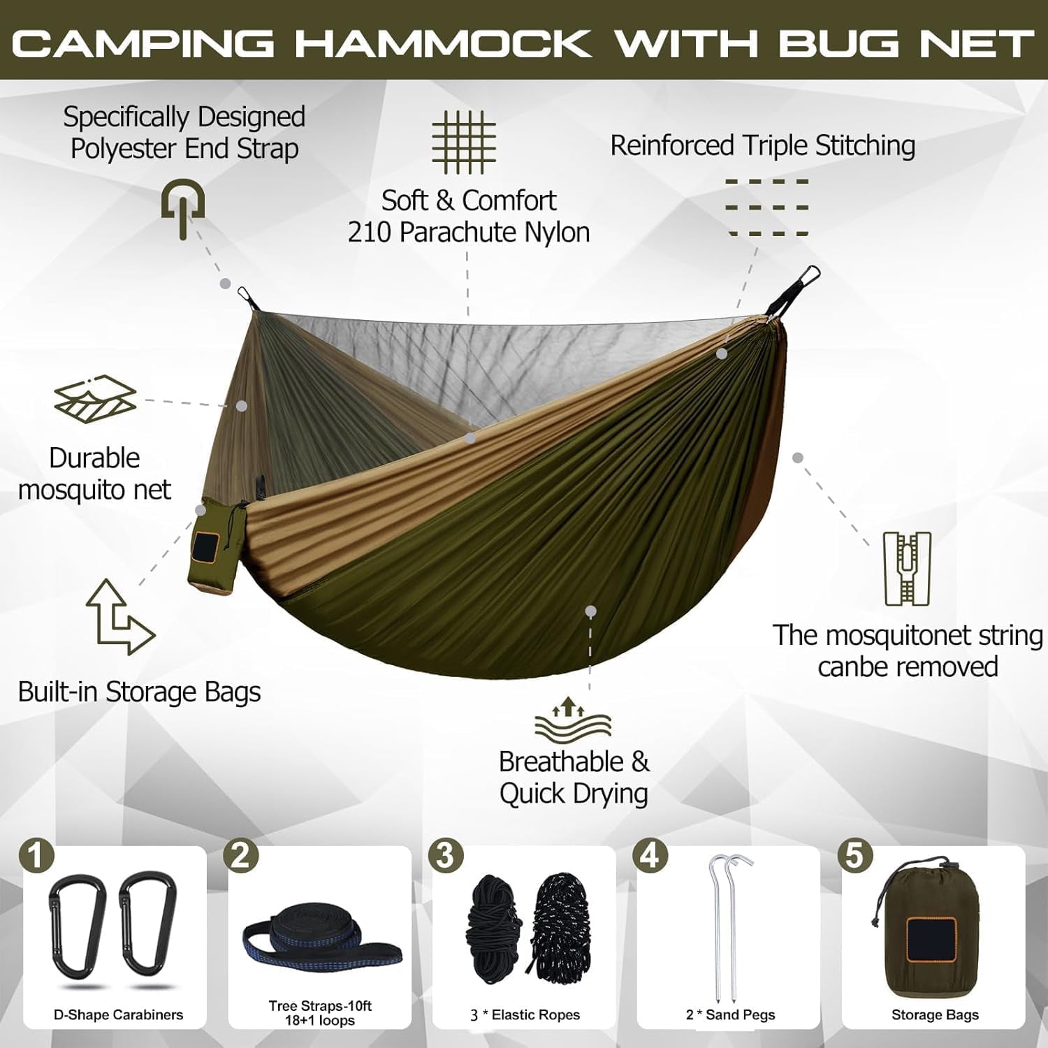 Camping Hammock with Mosquito Net – 9.5 ft, 500 lb, 201T Nylon, Two 10ft Straps | Green & Khaki