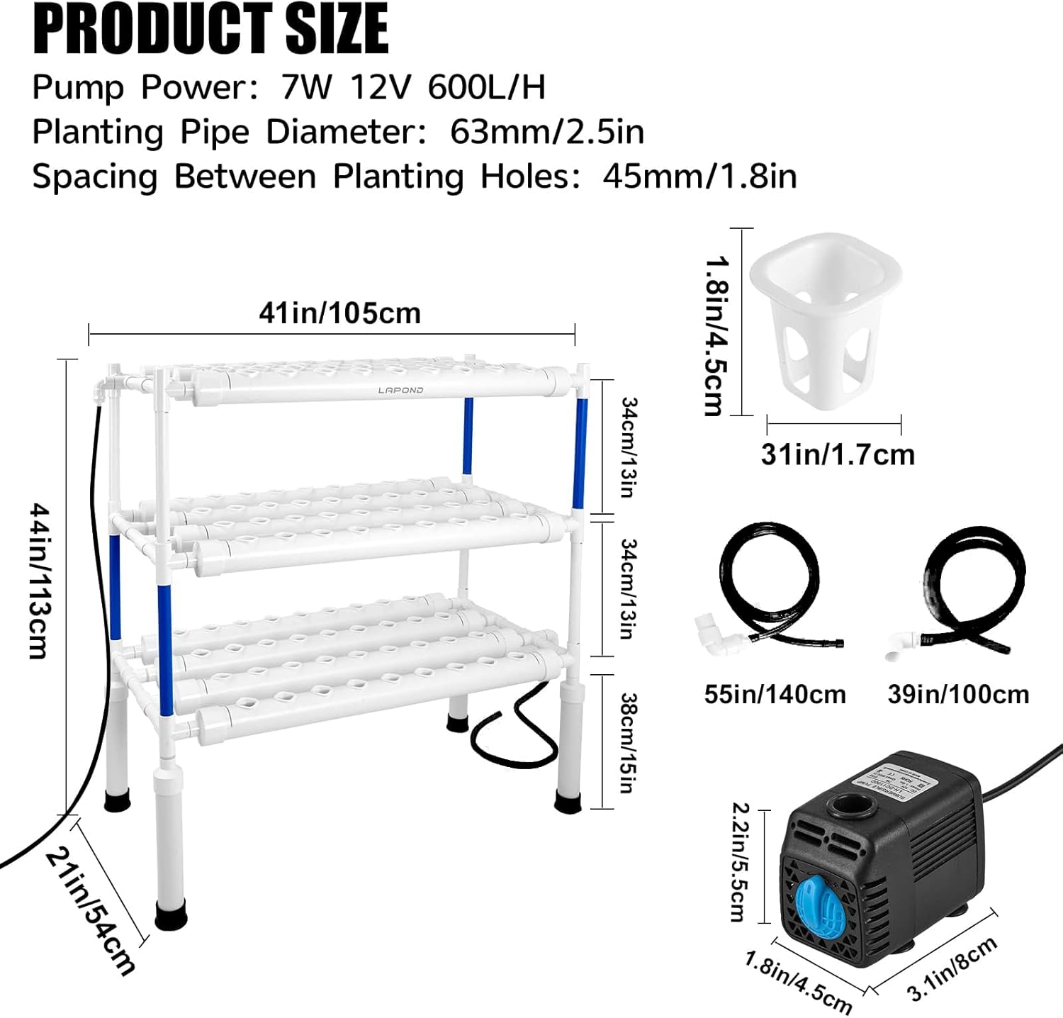 Hydroponics Growing System Kit, 108 Plant Sites 3 Layers Food-Grade PVC-U Pipes Hydroponic Grow Kit Gardening System for Vegetables, Fruits, Herbs