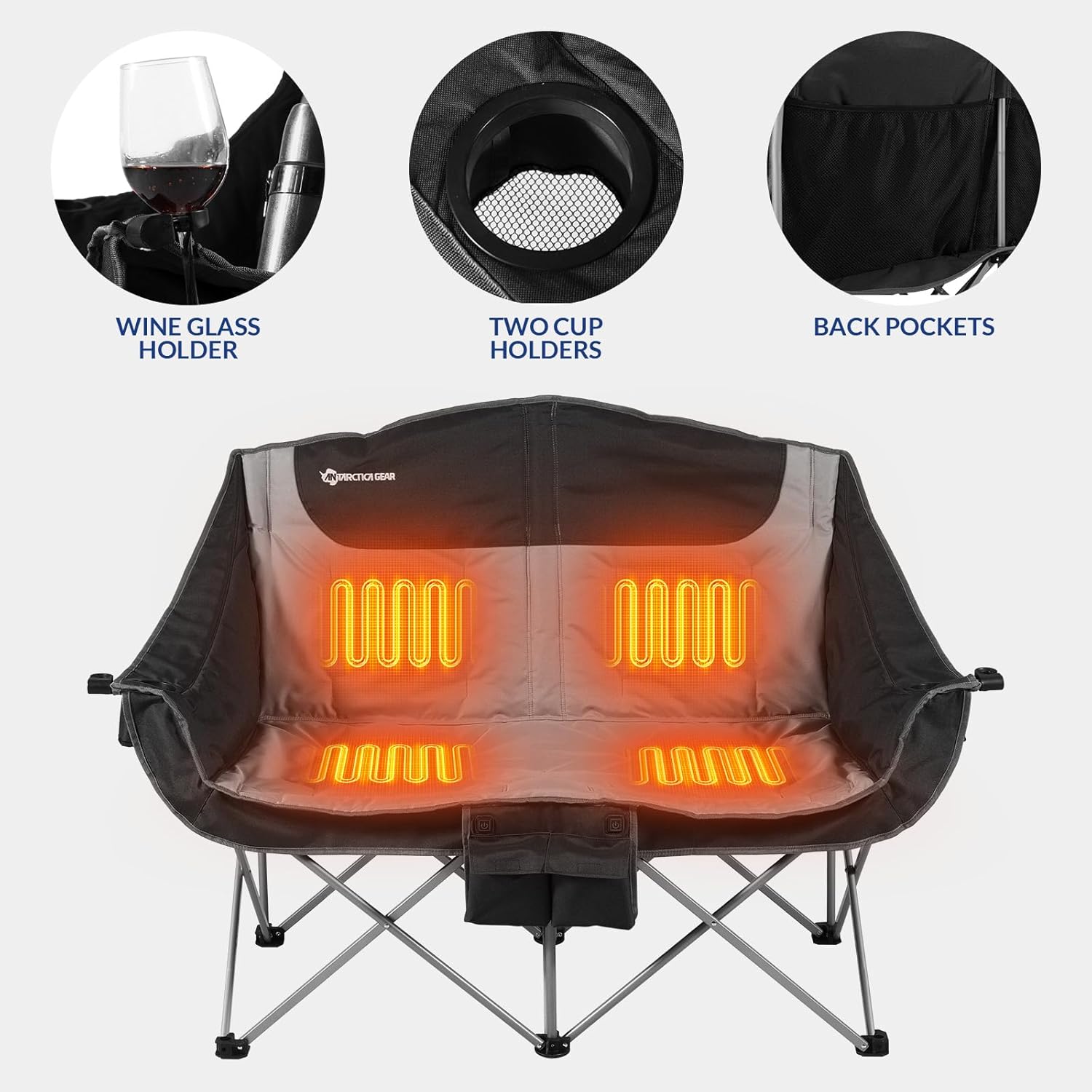Heated Double Camping Chair, 2-Person Folding Camp Chair with 12V 16000mAh Battery Pack, Heated Portable Loveseat Chair, for Outdoor Sports, Picnics, Rugby Match, Beach Parties