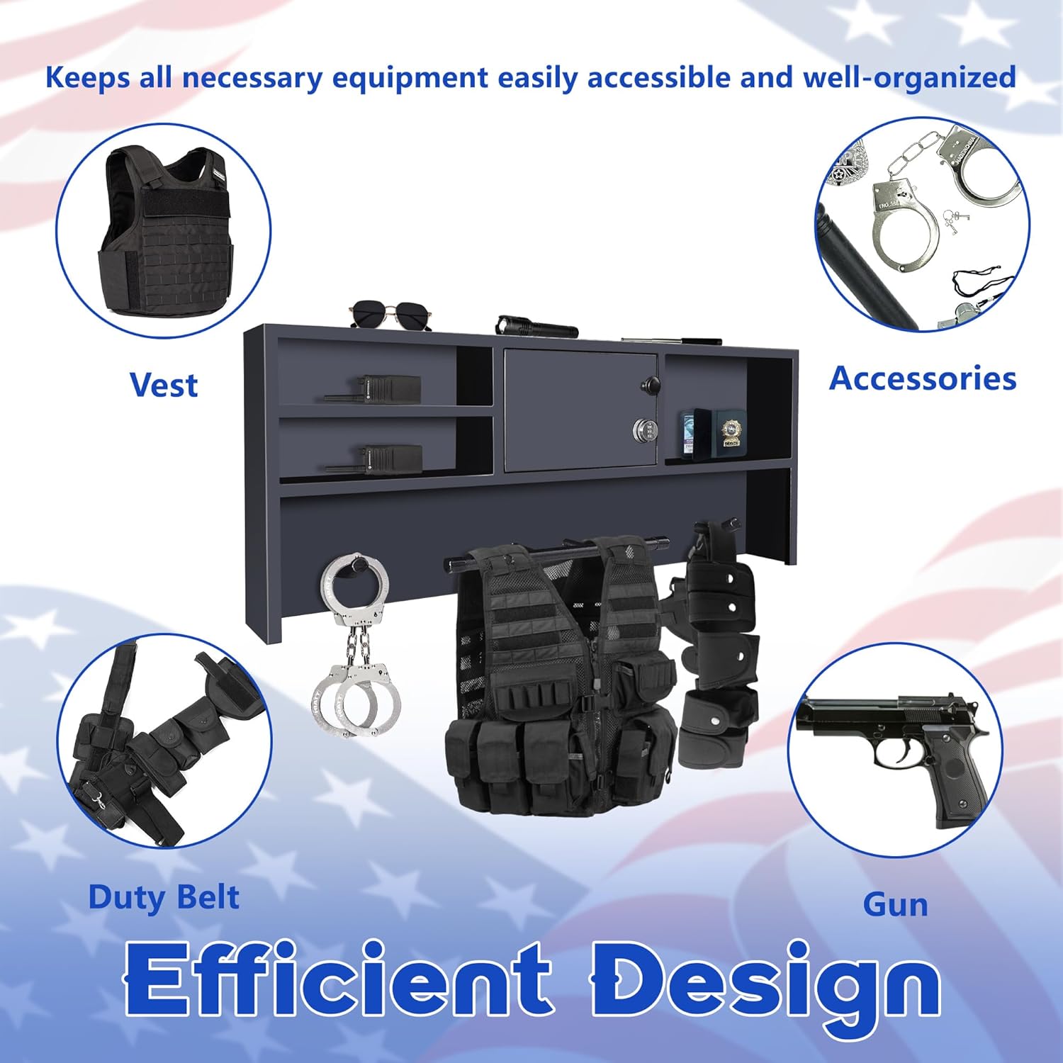 Wall Mounted Police Gear Rack with Lockbox Safe – Tactical Duty Gear Organizer Hanger for Vest, Belt, Firearm – Law Enforcement Wall Locker – Ideal Police Academy Graduation Gift