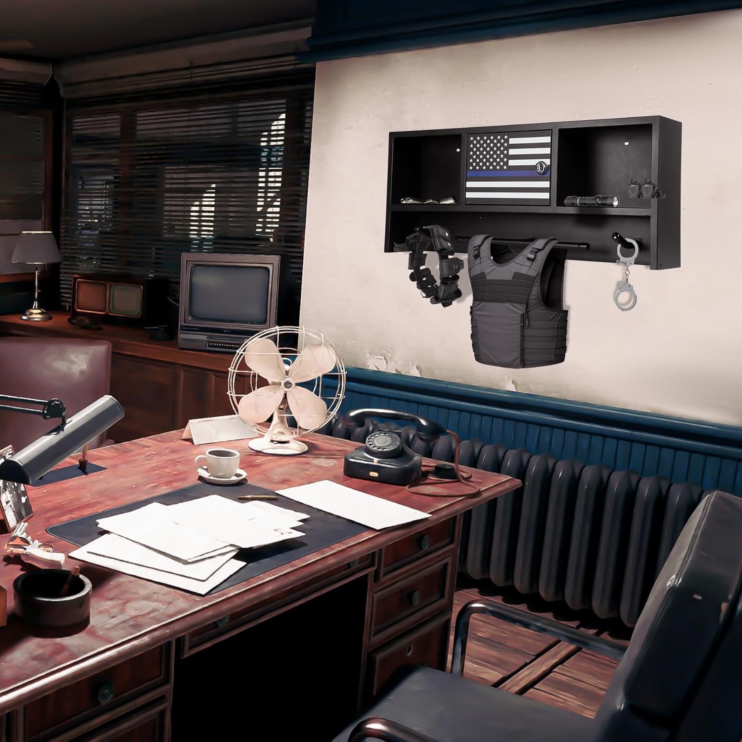 Police Gear Rack with Hooks – Tactical Duty Gear Hanger & Body Armor Stand with Thin Blue Line Flag | Black Law Enforcement Equipment Display Rack