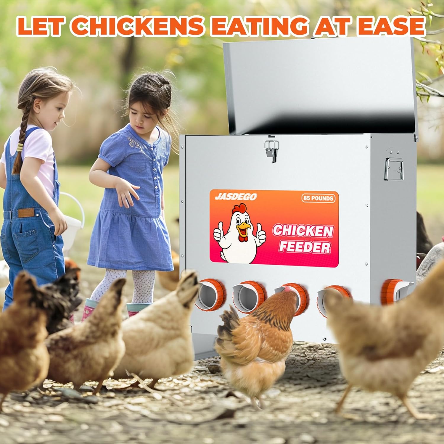 85 LB Weatherproof Metal Chicken Feeder – No Waste Poultry Feeder with 10 Feeding Ports, Auto Gravity Feed, Handle & Latch – Large Capacity Outdoor Feeder for Chickens, Hens, Bantams, Pheasants, Coop Use