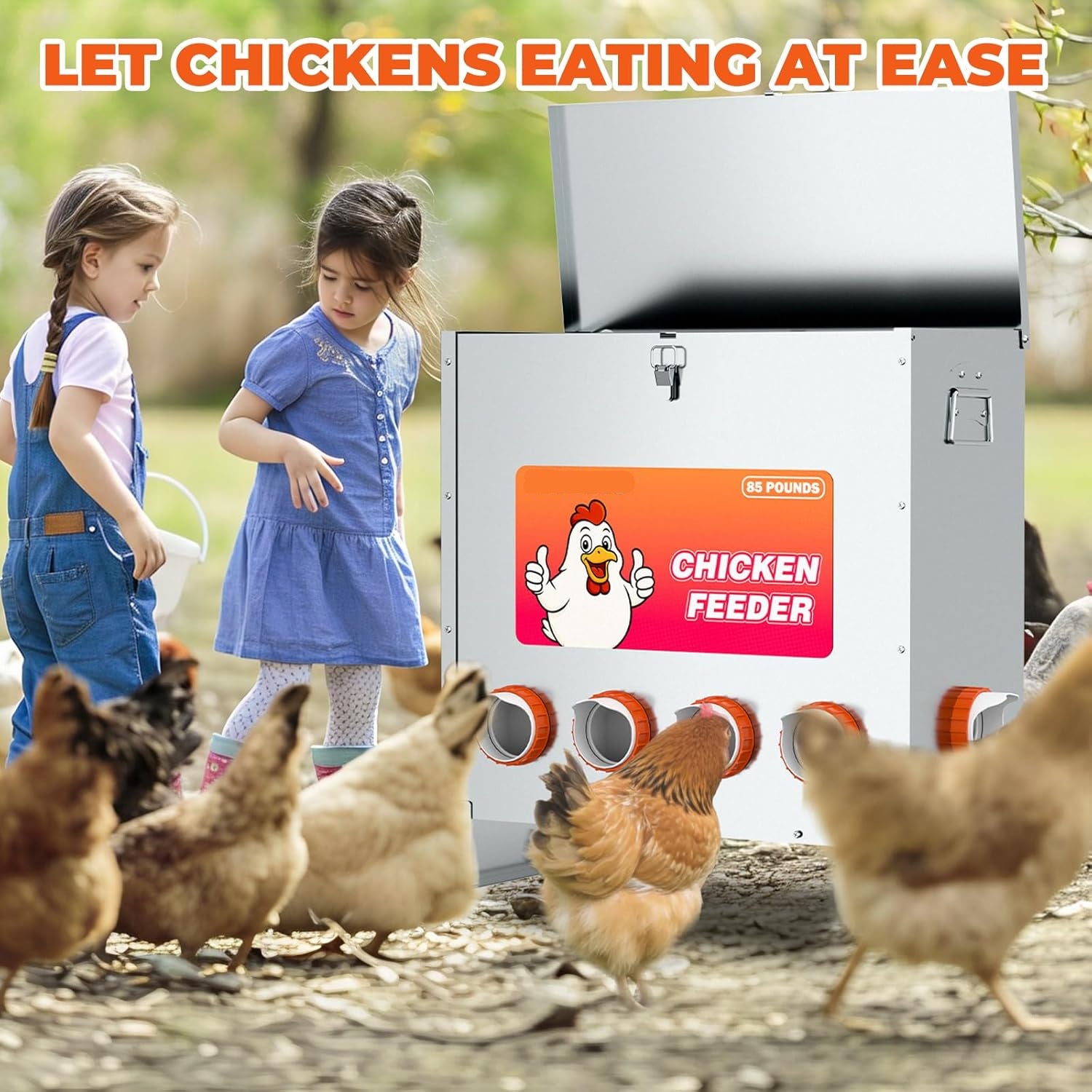 85 LB Weatherproof Metal Chicken Feeder – No Waste Poultry Feeder with 10 Feeding Ports, Auto Gravity Feed, Handle & Latch – Large Capacity Outdoor Feeder for Chickens, Hens, Bantams, Pheasants, Coop Use