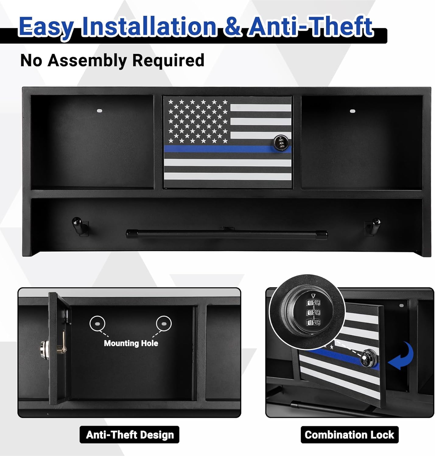 Police Gear Rack with Hooks – Tactical Duty Gear Hanger & Body Armor Stand with Thin Blue Line Flag | Black Law Enforcement Equipment Display Rack