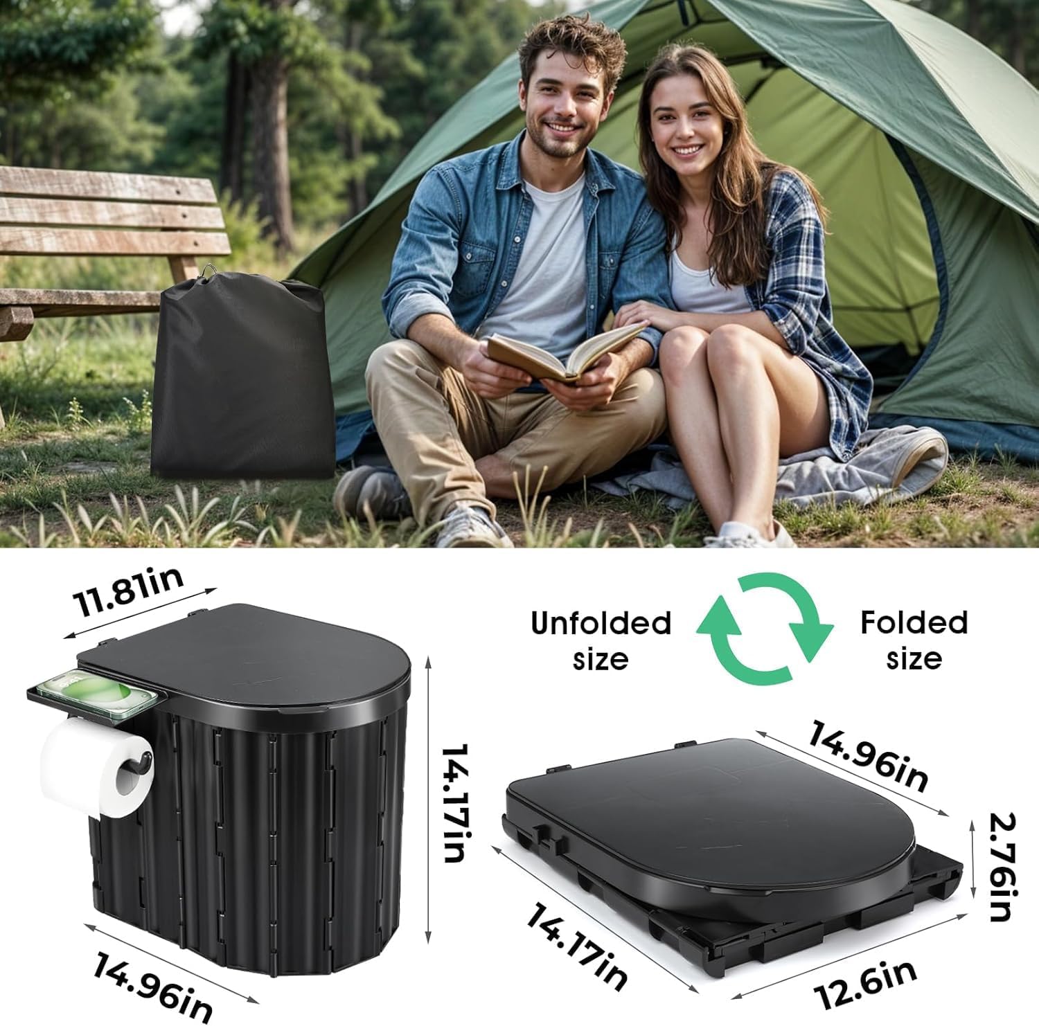 Portable Camping Toilet for Adults – 450 lb Capacity, Foldable, 4.5 lbs | Lid, TP Holder & 12 Waste Bags Included
