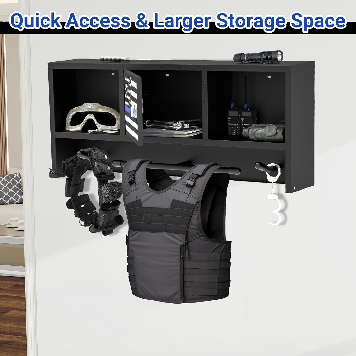 Police Gear Rack with Hooks – Tactical Duty Gear Hanger & Body Armor Stand with Thin Blue Line Flag | Black Law Enforcement Equipment Display Rack