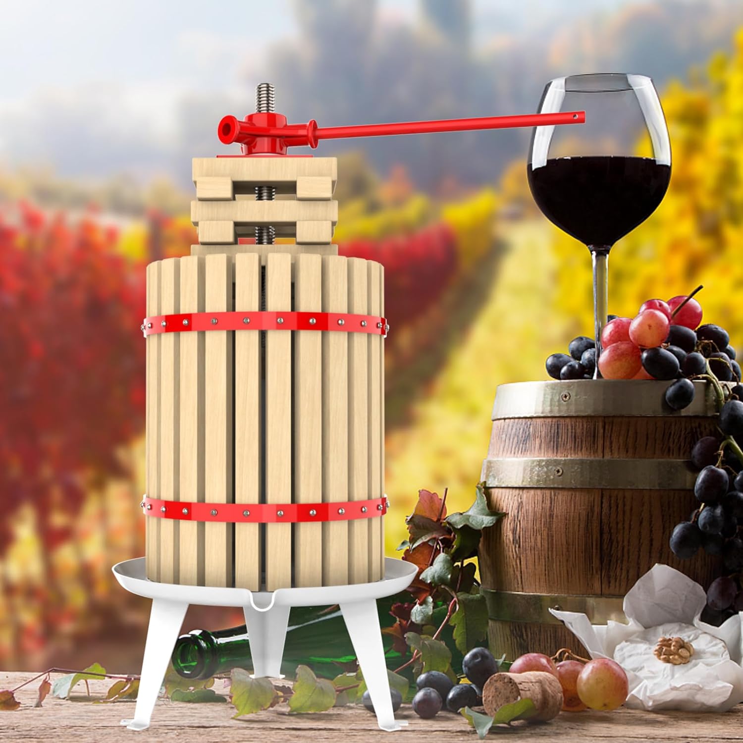 4.75 Gallon Fruit and Wine Press – Manual Juice Maker for Apples, Grapes, and Berries | Solid Wood Basket with 8 Blocks | Heavy-Duty Cider and Wine Press for Home Use