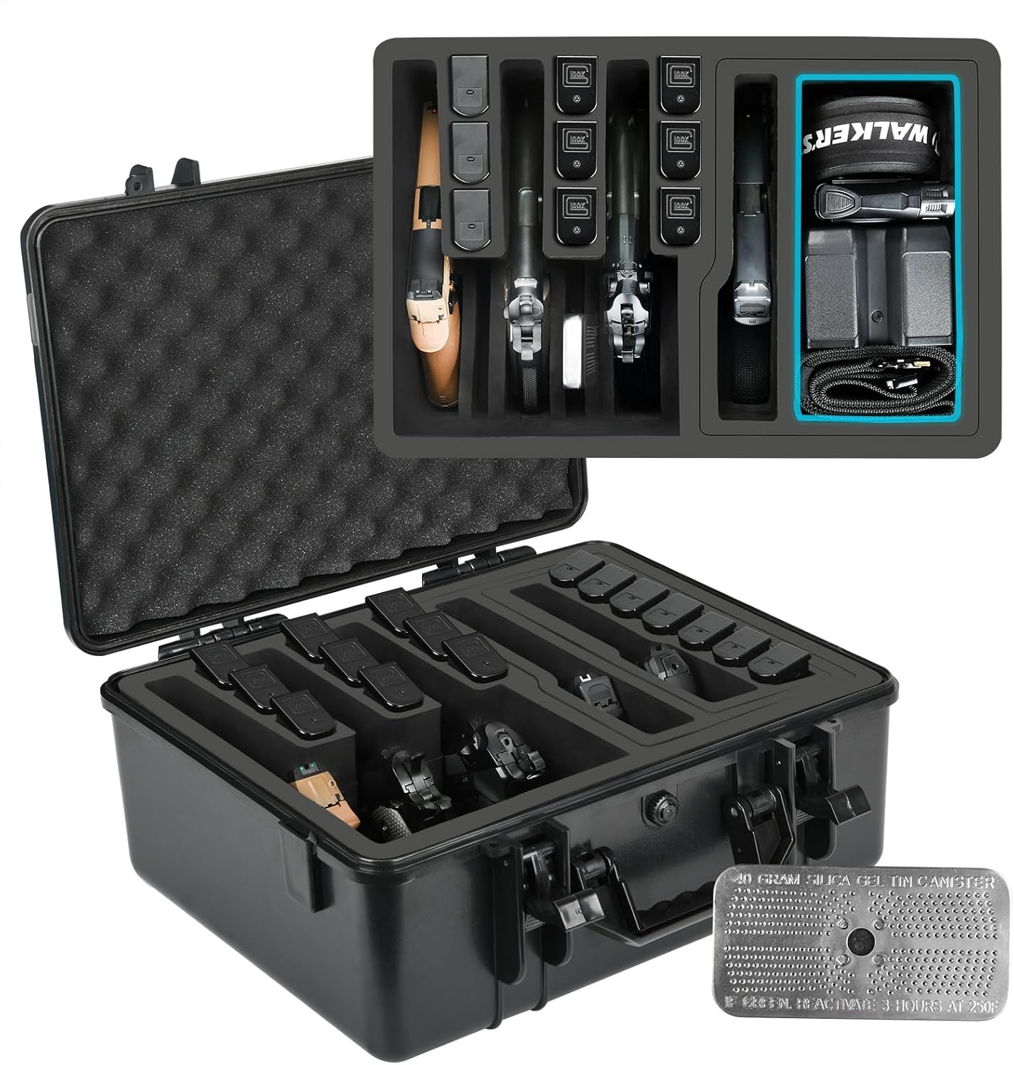 TSA Approved Gun Case for Pistol – Holds 5 Handguns & 16 Magazines, Heavy Duty Waterproof Storage Box with Pre-Cut Foam, Silica Gel Canister, and Air Travel Safe