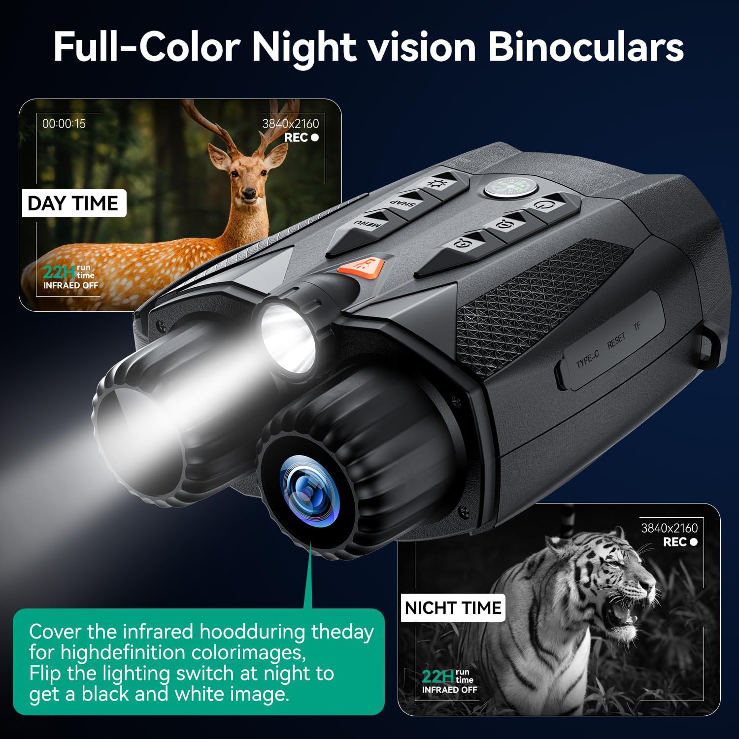 4K Night Vision Binoculars with 10X Zoom, Infrared Goggles for Hunting & Camping – Includes Tactical Light, Compass, 32GB Card, Rechargeable Battery, Photo & Video Recording