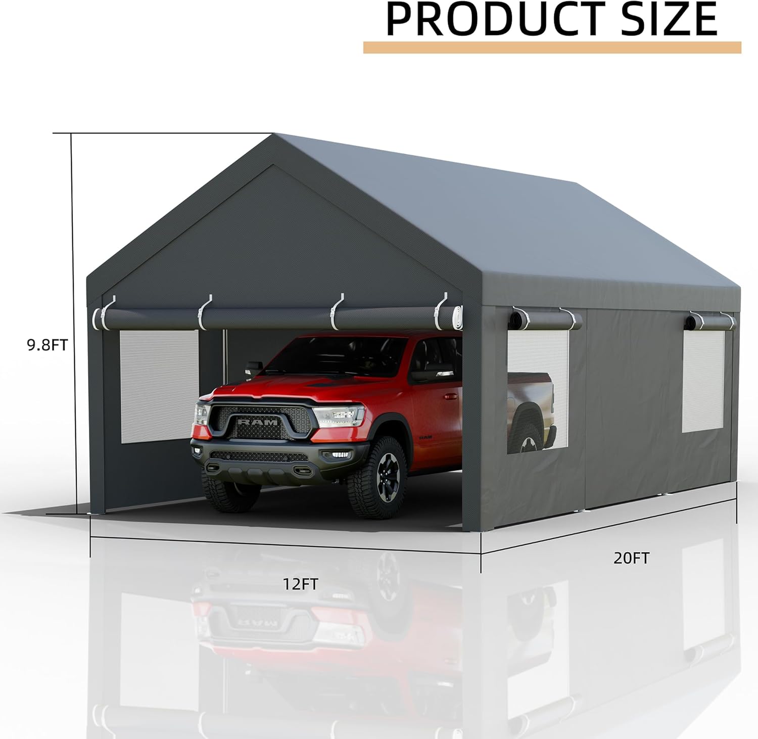 12x20 FT Heavy-Duty Carport Canopy – Portable Car Shelter with Removable Sidewalls & Doors | All-Season Waterproof Tarp for Vehicle Protection – Grey