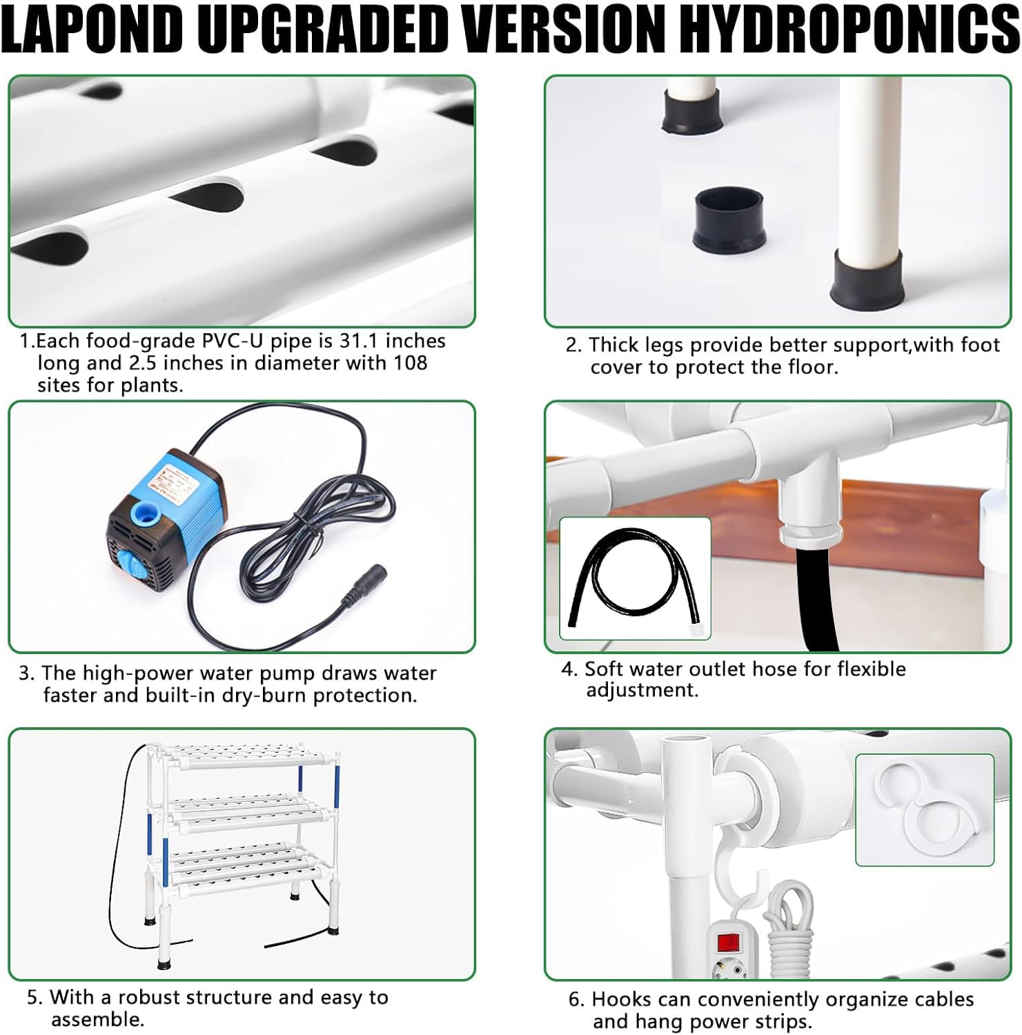 Hydroponics Growing System Kit, 108 Plant Sites 3 Layers Food-Grade PVC-U Pipes Hydroponic Grow Kit Gardening System for Vegetables, Fruits, Herbs