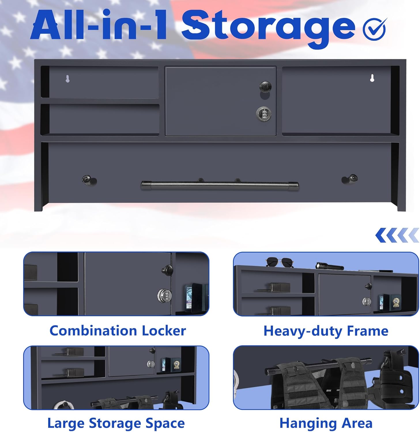 Wall Mounted Police Gear Rack with Lockbox Safe – Tactical Duty Gear Organizer Hanger for Vest, Belt, Firearm – Law Enforcement Wall Locker – Ideal Police Academy Graduation Gift