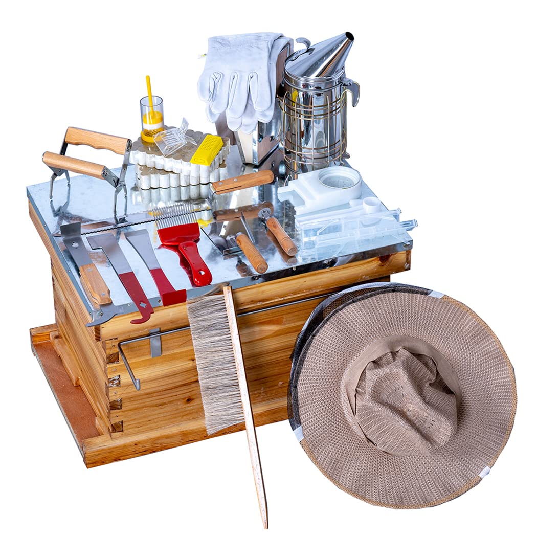 10-Frame Beehive Starter Kit with Wax-Coated Bee Boxes, Frames & Beekeeping Tools – Complete Beekeeping Supplies Kit with Veil, Smoker, and Hive Tool for Beginners