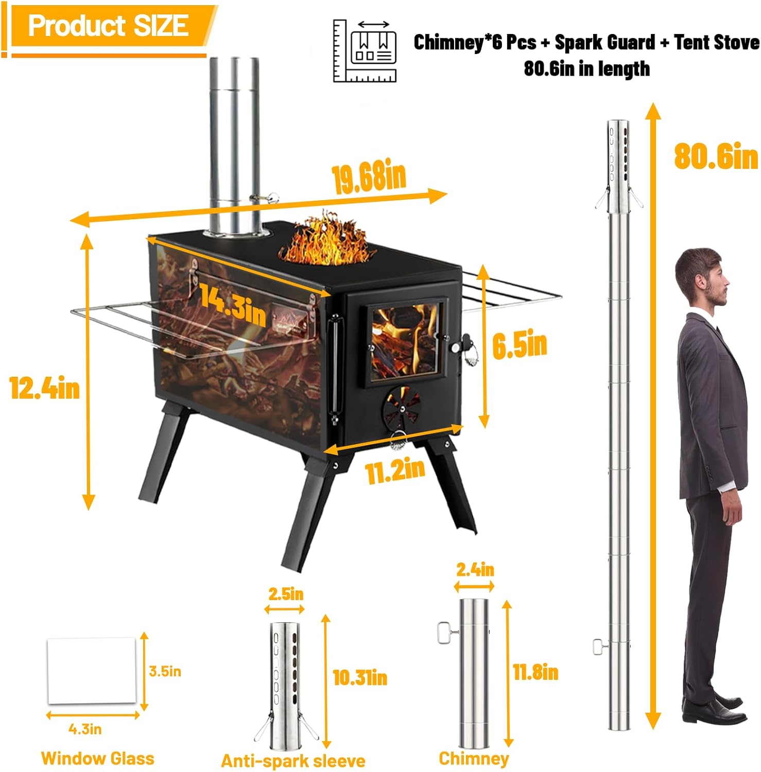 Hot Tent Stove, Wood Burning Stove, Portable Wood Stove with 6 Stainless Chimney Pipes for Outdoor Heating & Cooking, Ice Fishing, Hunting
