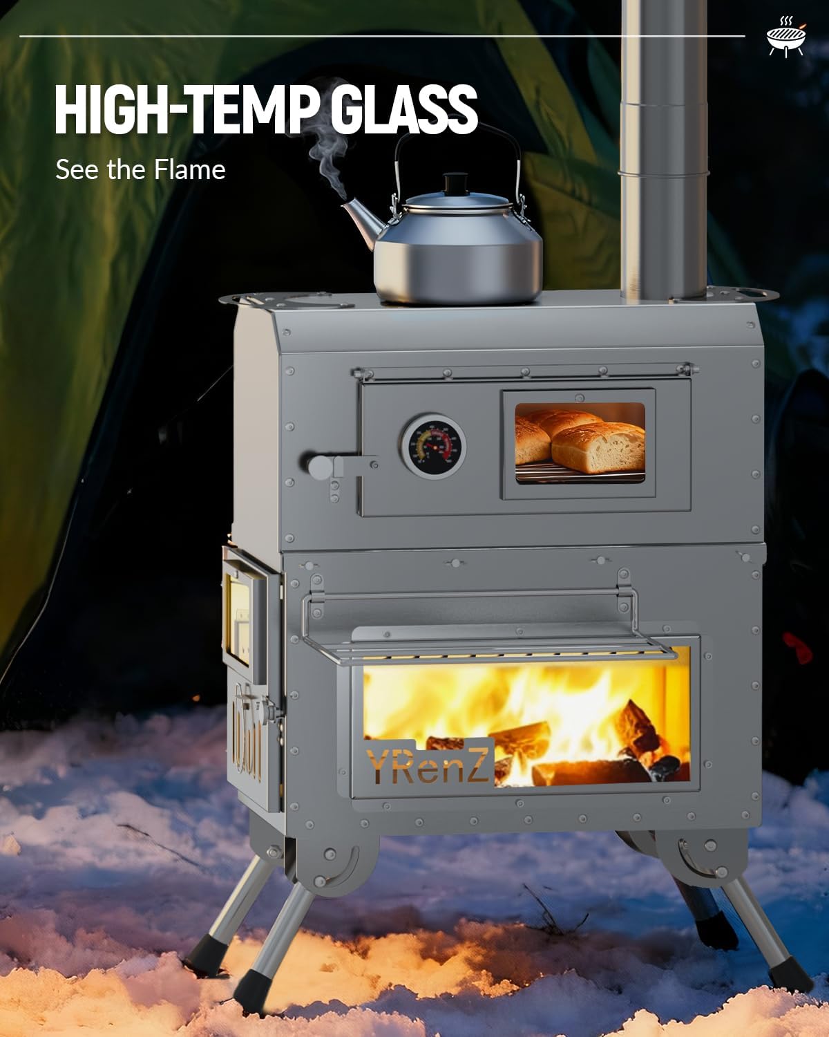 2-in-1 Tent Wood Stove with Built-In Oven – Stainless Steel High-Temperature Camping Stove with Glass Door, Anti-Slip Feet & Full Accessories | Outdoor Cooking Heater for Tents & Camping