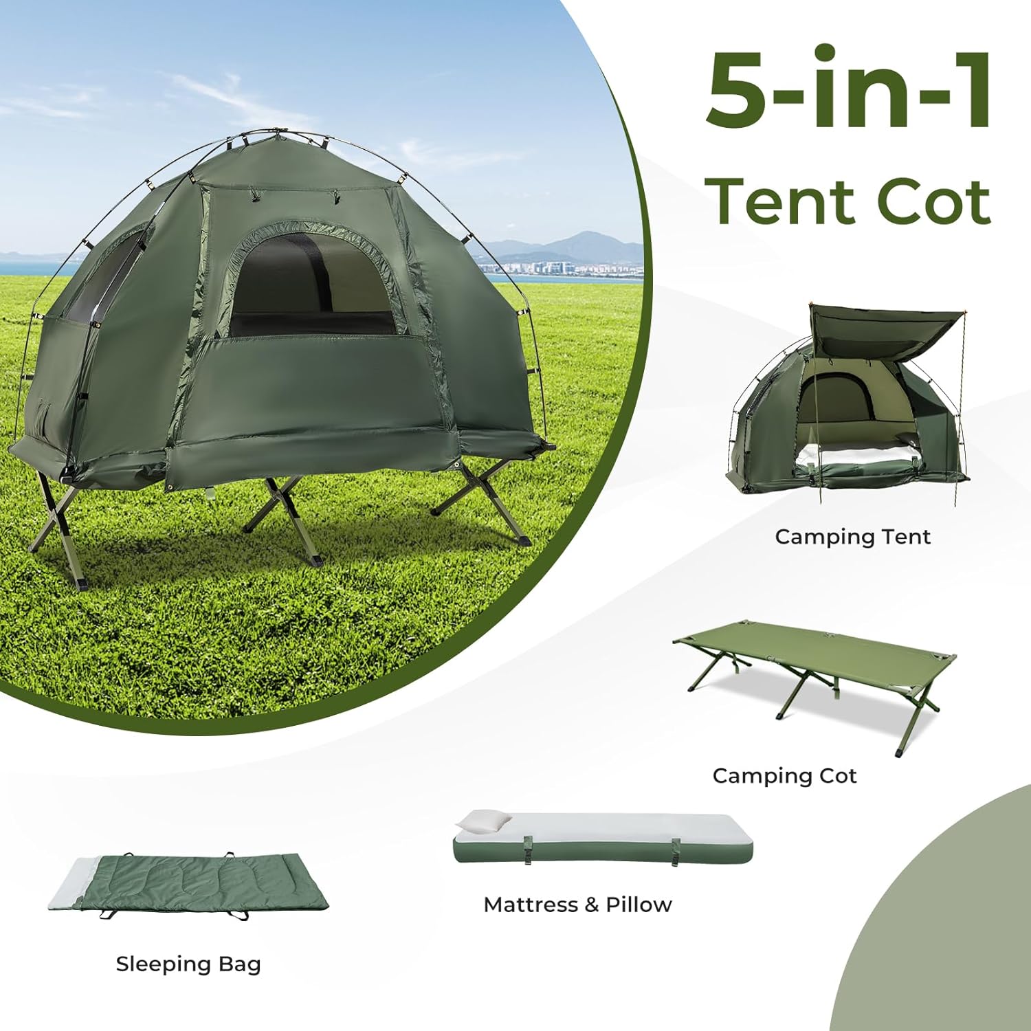 5-in-1 Tent Cot with Mattress, Sleeping Bags & Sunshade – Folding Elevated Camping Bed for Outdoor Hiking, Fishing, Travel & Picnics