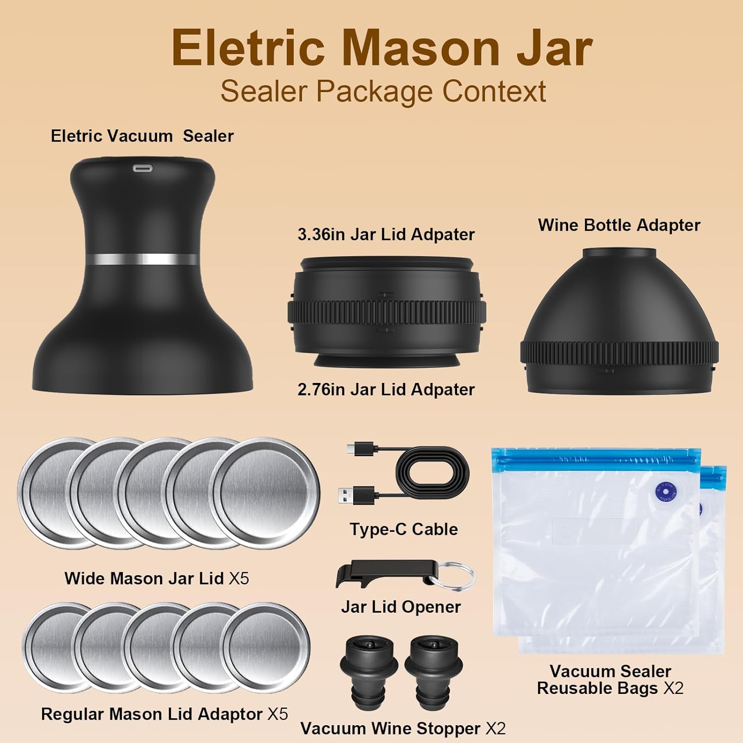 Electric Mason Jar Vacuum Sealer Kit - Compatible with Wide & Regular Mouth Canning Lids, Includes Vacuum Seal Bags & Wine Stoppers for Food Storage & Preservation