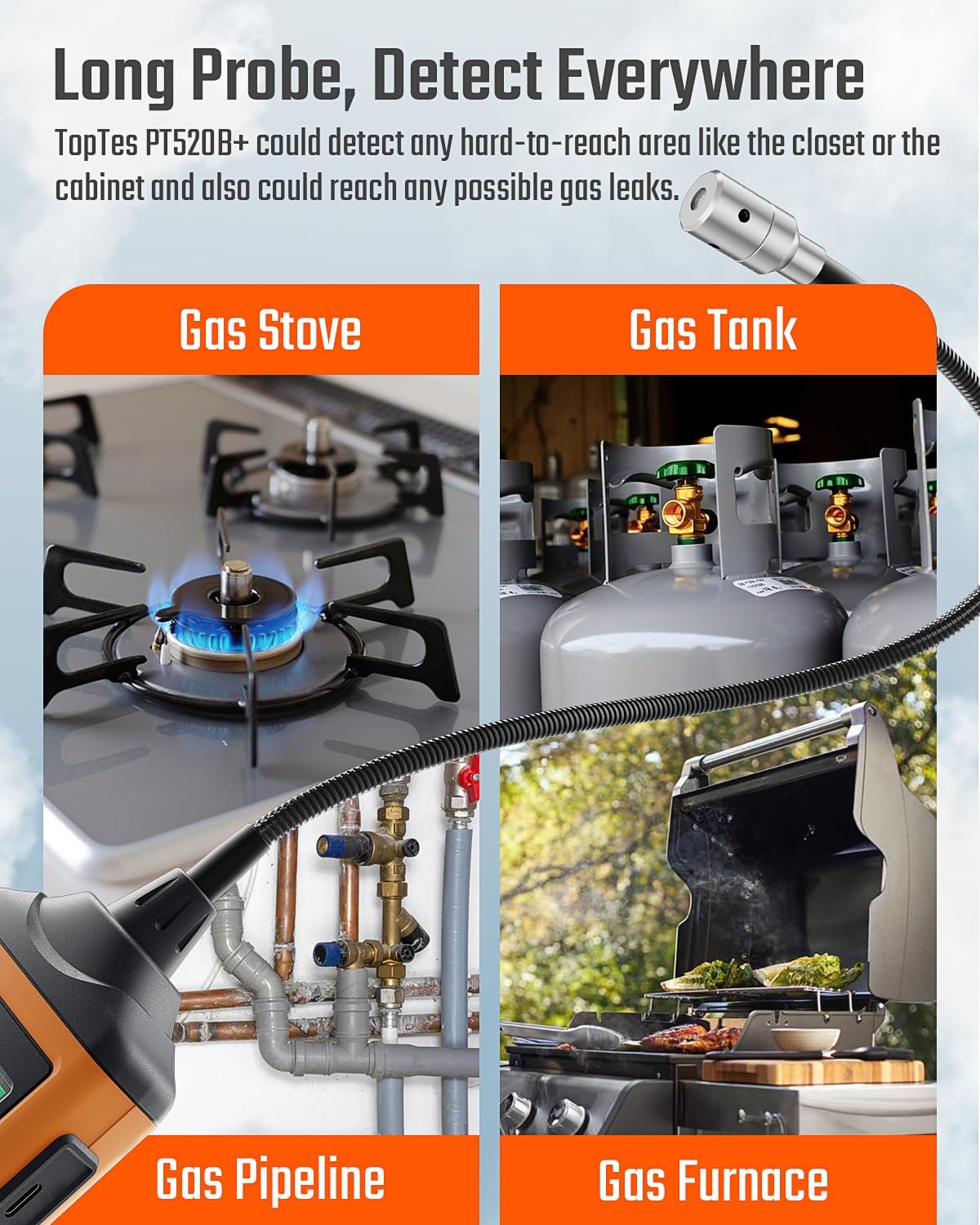 Rechargeable Natural Gas Leak Detector with 17" Flexible Probe – PT520B+ Propane, Methane, LPG, and Combustible Gas Sniffer for Home, RV, Industrial Use – PPM & %LEL Measurement