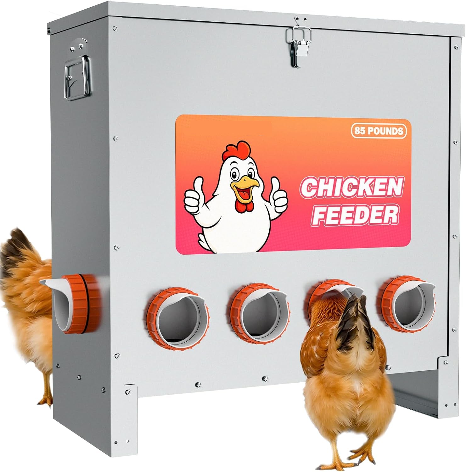 85 LB Weatherproof Metal Chicken Feeder β No Waste Poultry Feeder with 10 Feeding Ports, Auto Gravity Feed, Handle & Latch β Large Capacity Outdoor Feeder for Chickens, Hens, Bantams, Pheasants, Coop Use